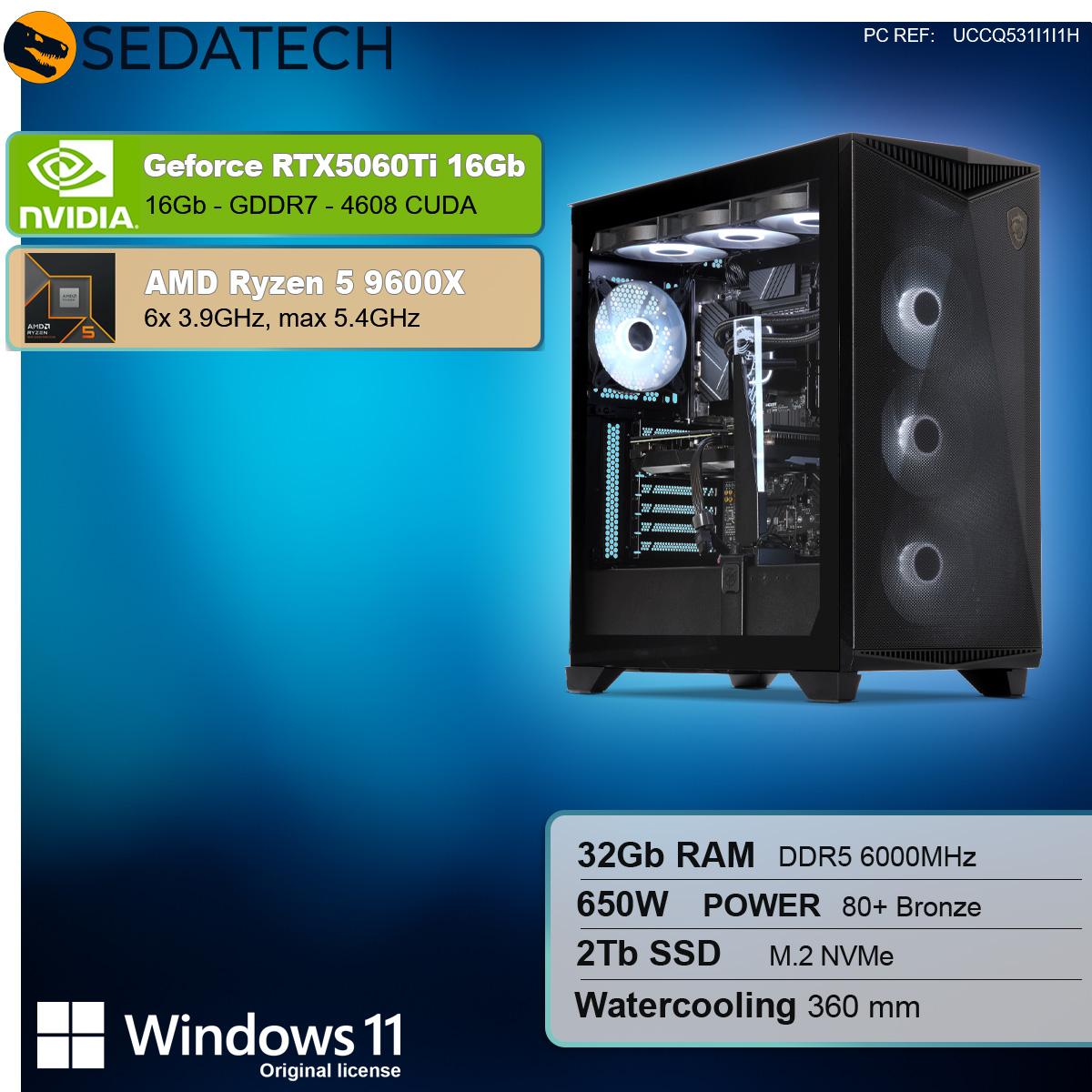 Case per computer con testo: Geforce RTX5060Ti 16Gb, AMD Ryzen 5 9600X, 32Gb RAM, 2Tb SSD.