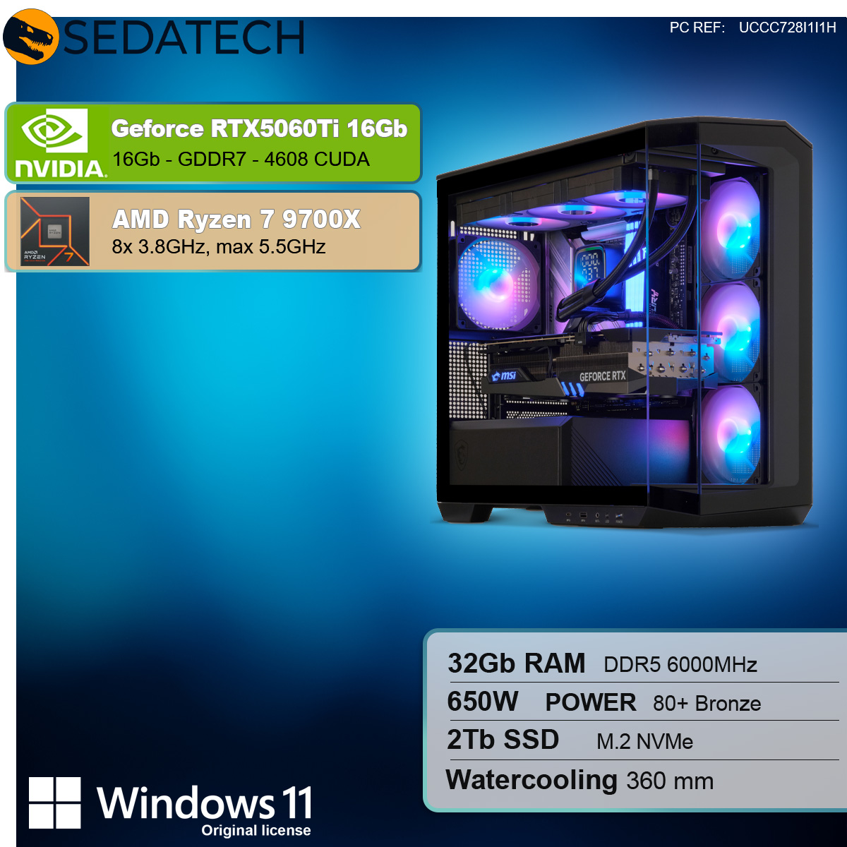 Gaming-PC mit Komponentendetails: NVIDIA GeForce RTX5060Ti 16GB, AMD Ryzen 7 9700X, 32GB RAM, 2TB SSD.