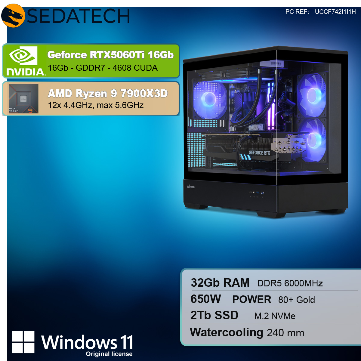 Case PC nero con componenti, specifiche sul lato. Loghi Nvidia e AMD.