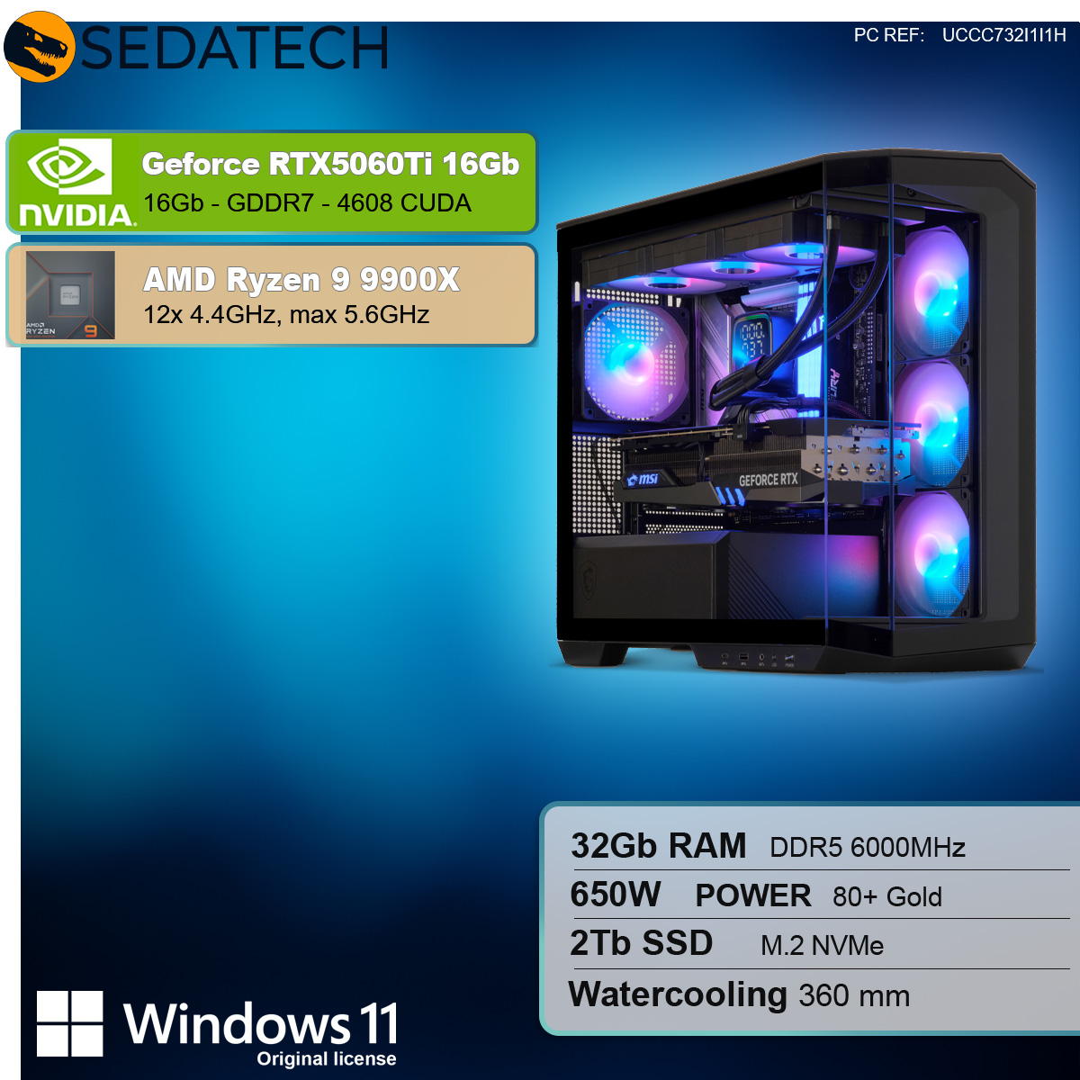 Case PC nero con più ventole e componenti interni, specifiche sul lato sinistro, logo Windows.