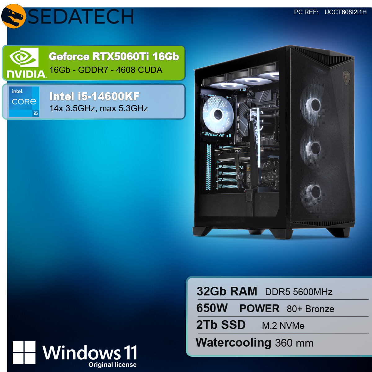 Gaming-PC mit RTX 5060Ti Grafikkarte, i5-14600KF Prozessor, Wasserkühlung und Windows 11.