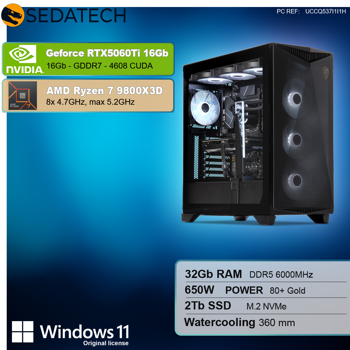 PC da gioco nero con pannello laterale aperto, che mostra componenti interni e specifiche.