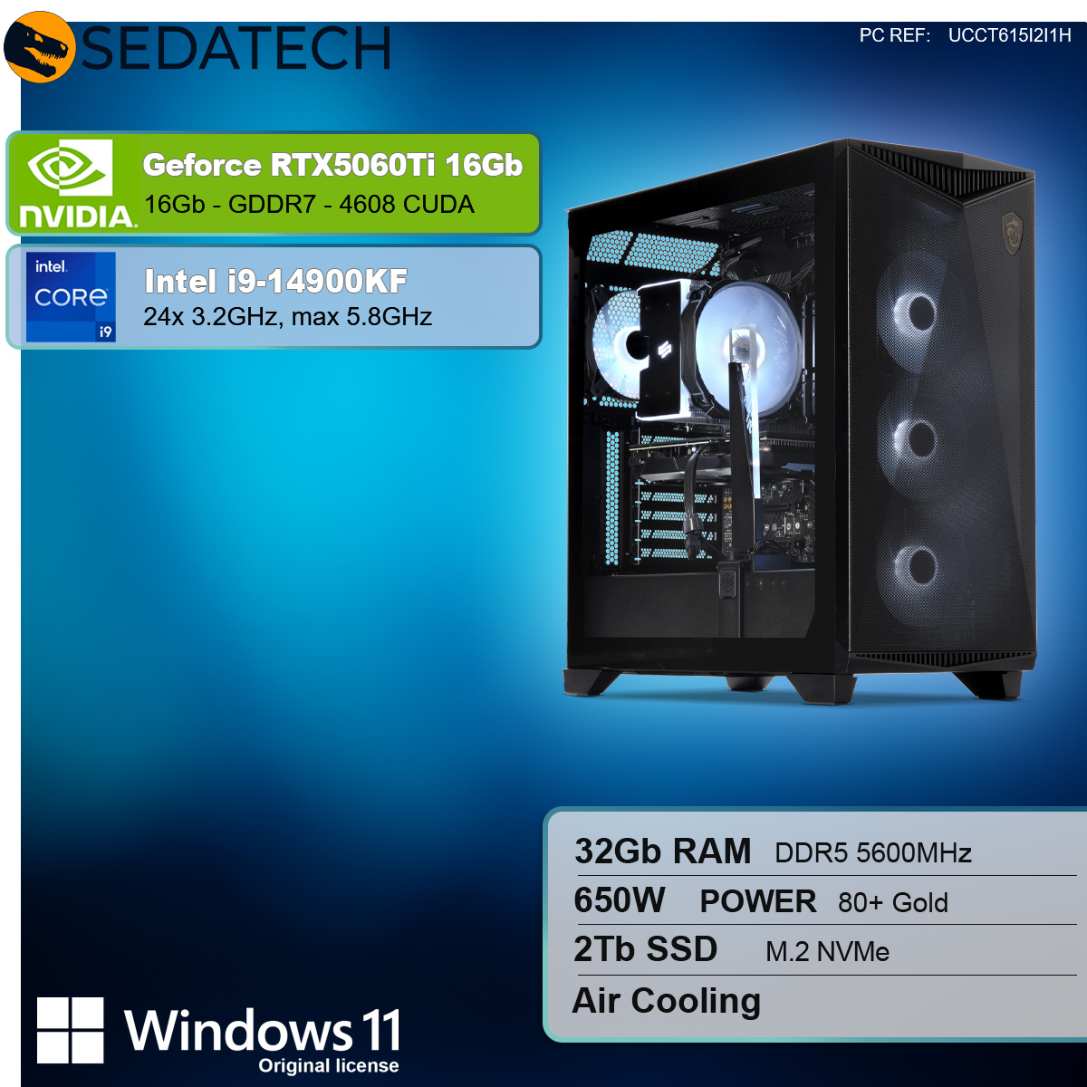 Ein schwarzer Desktop-Computer mit Glas-Seitenwand, der interne Komponenten und eine blau beleuchtete Front zeigt.