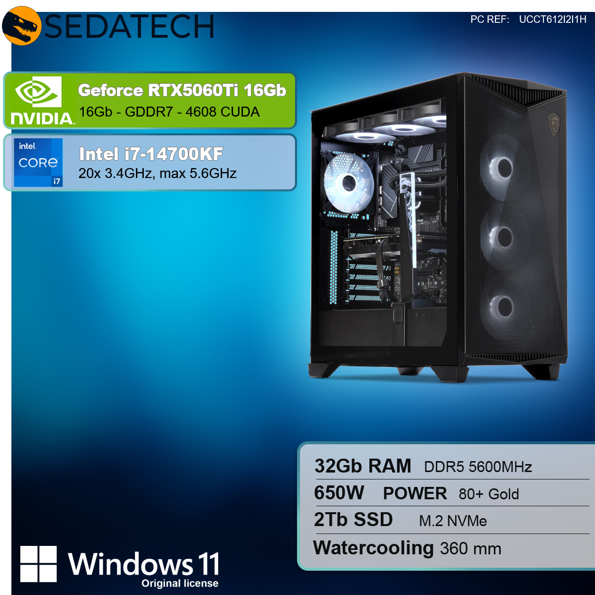 Case nero per computer con componenti interni. Scheda grafica, info processore. Sfondo blu.