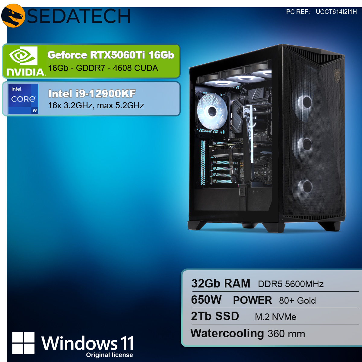Ein Gaming-PC mit Glasplatte, die interne Komponenten zeigt, und Datenbeschriftungen auf der linken Seite.