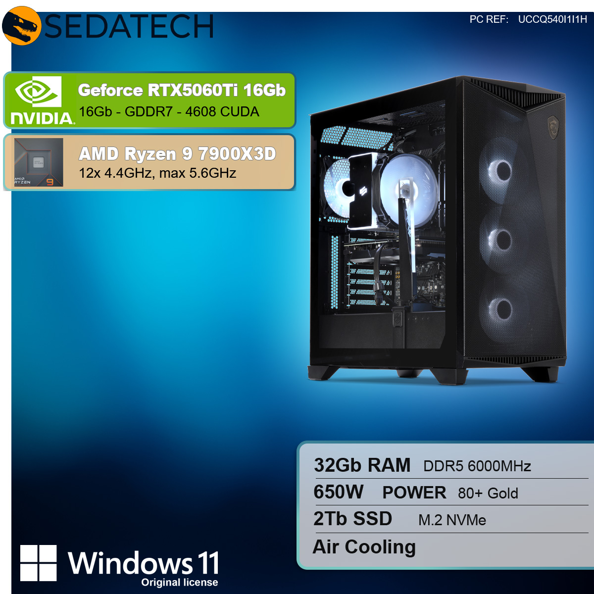 Un case per computer nero con pannello laterale aperto, che mostra i componenti interni. Le specifiche sono visualizzate.