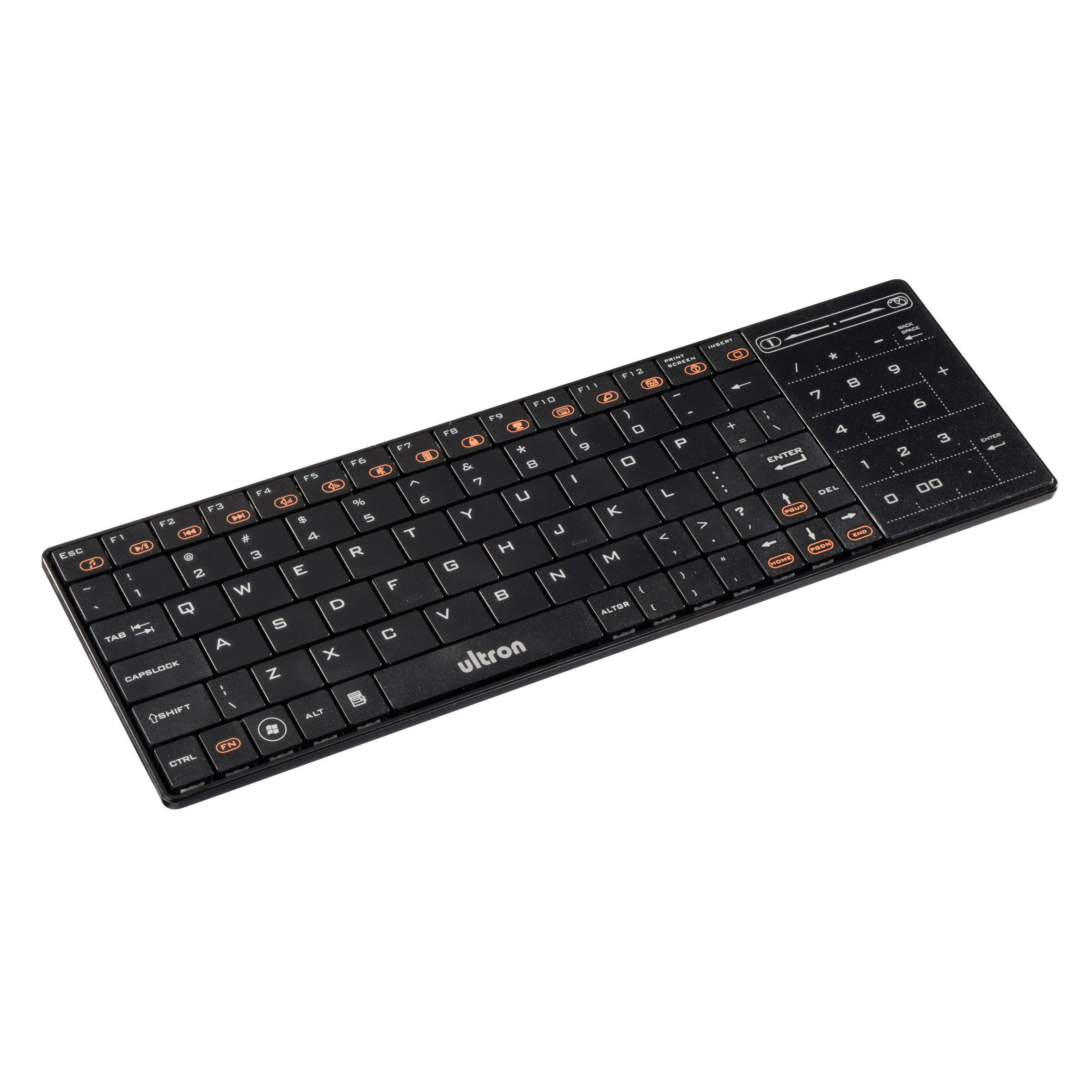 Schwarze Tastatur mit weißen Tasten. Schlankes Design, orange Funktionstasten.
