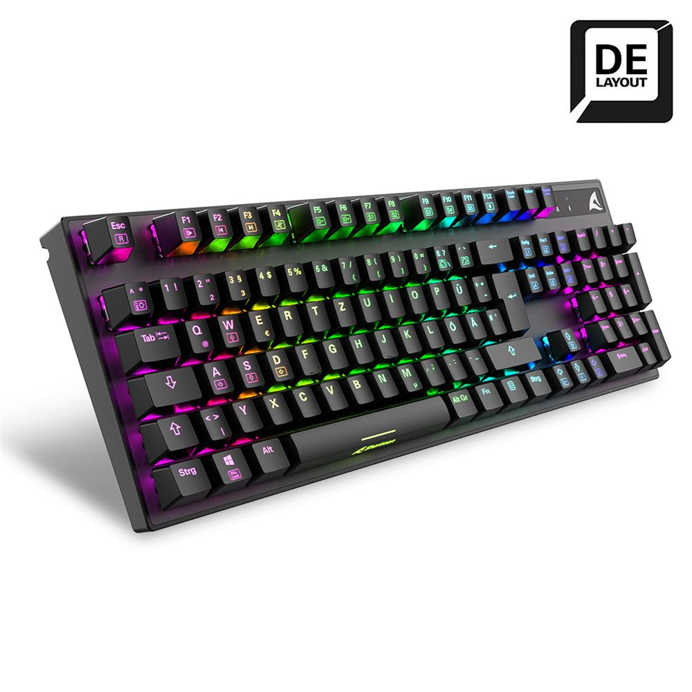 Schwarze Tastatur mit bunten Tasten. Es hat ein DE-Layout. Die Tasten sind mit verschiedenen Farben beleuchtet.
