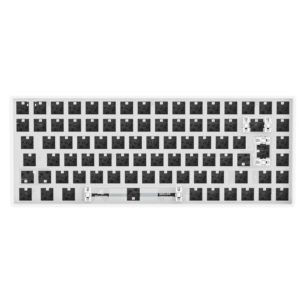 Barebones mechanische Tastatur. Mit schwarzen Schaltern und weißem Rahmen.