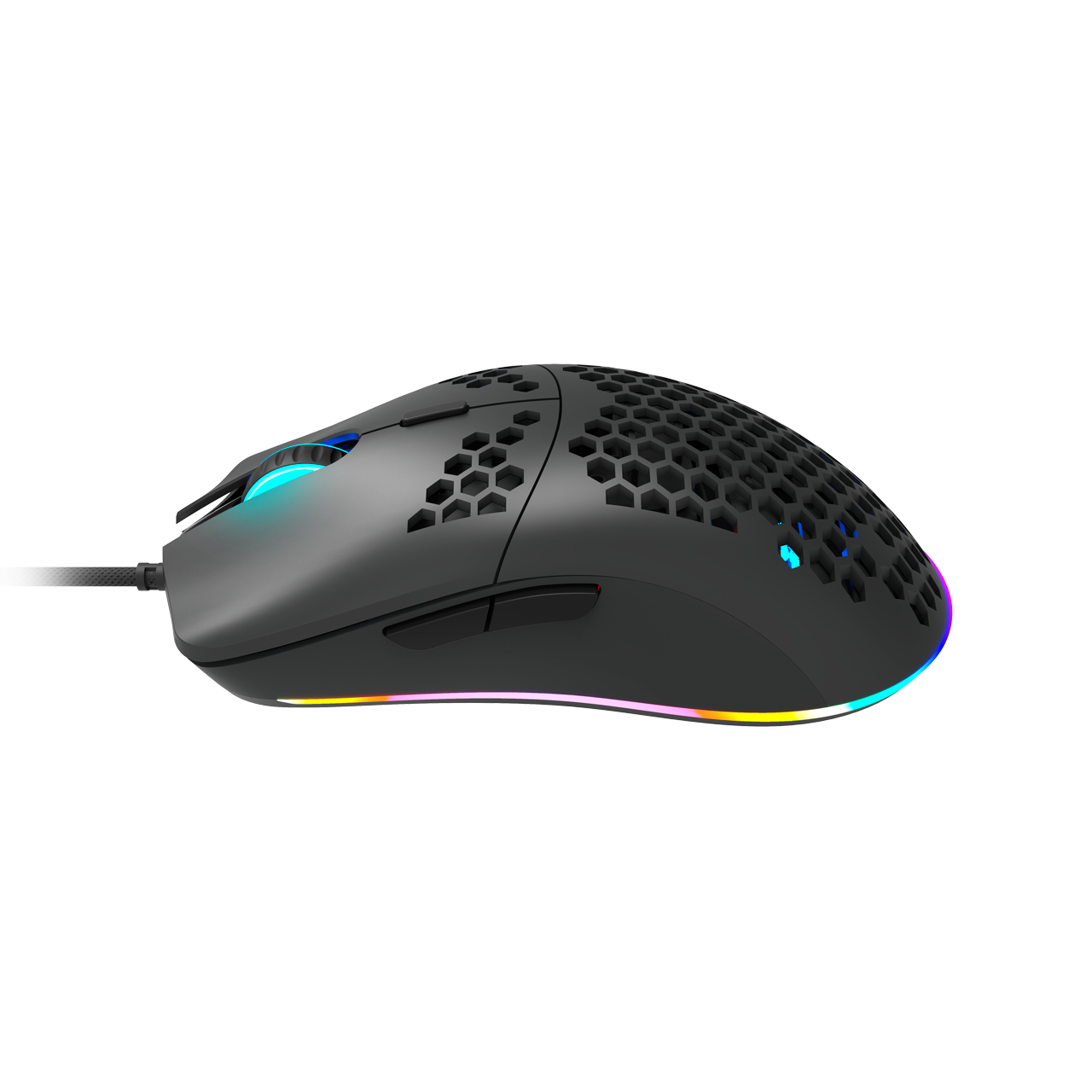 Ratón gaming negro con diseño de panal y luces LED coloridas.