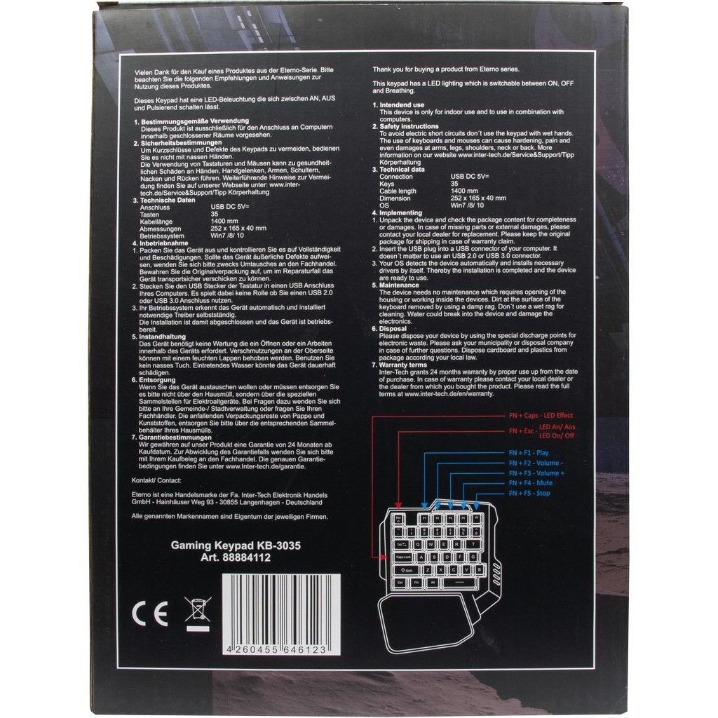 Klawiatura do gier, czarna z białymi klawiszami. Tekst i symbole na klawiaturze. Kabel USB.