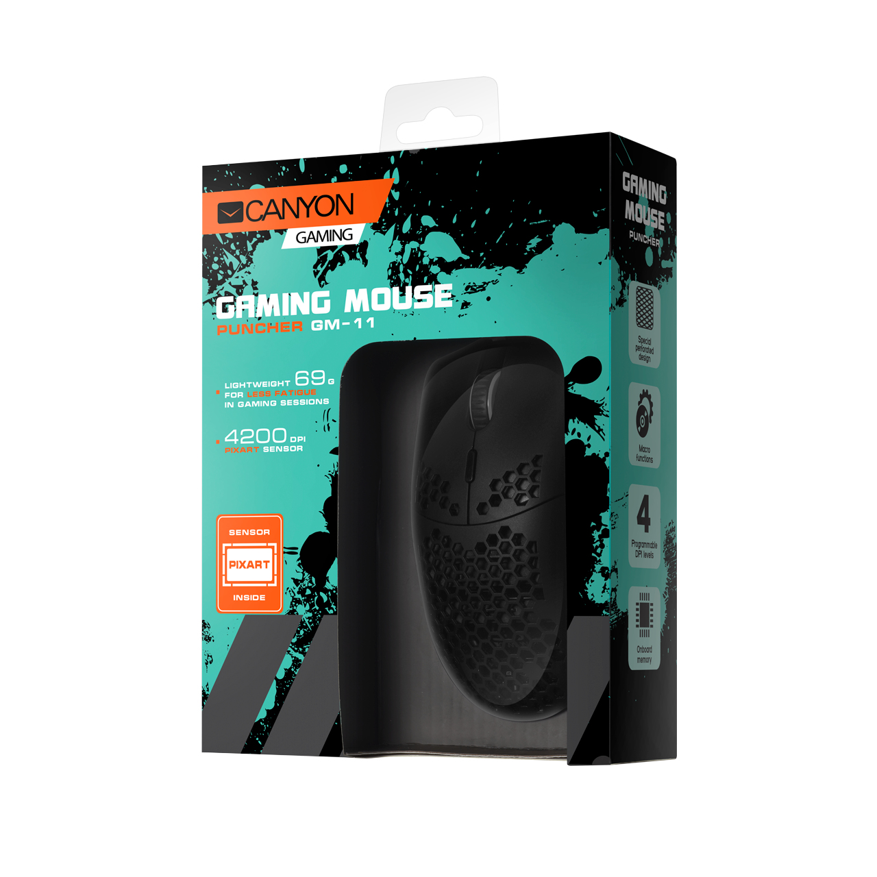 Ratón gaming negro en su caja de embalaje. El texto en la caja indica características y especificaciones.