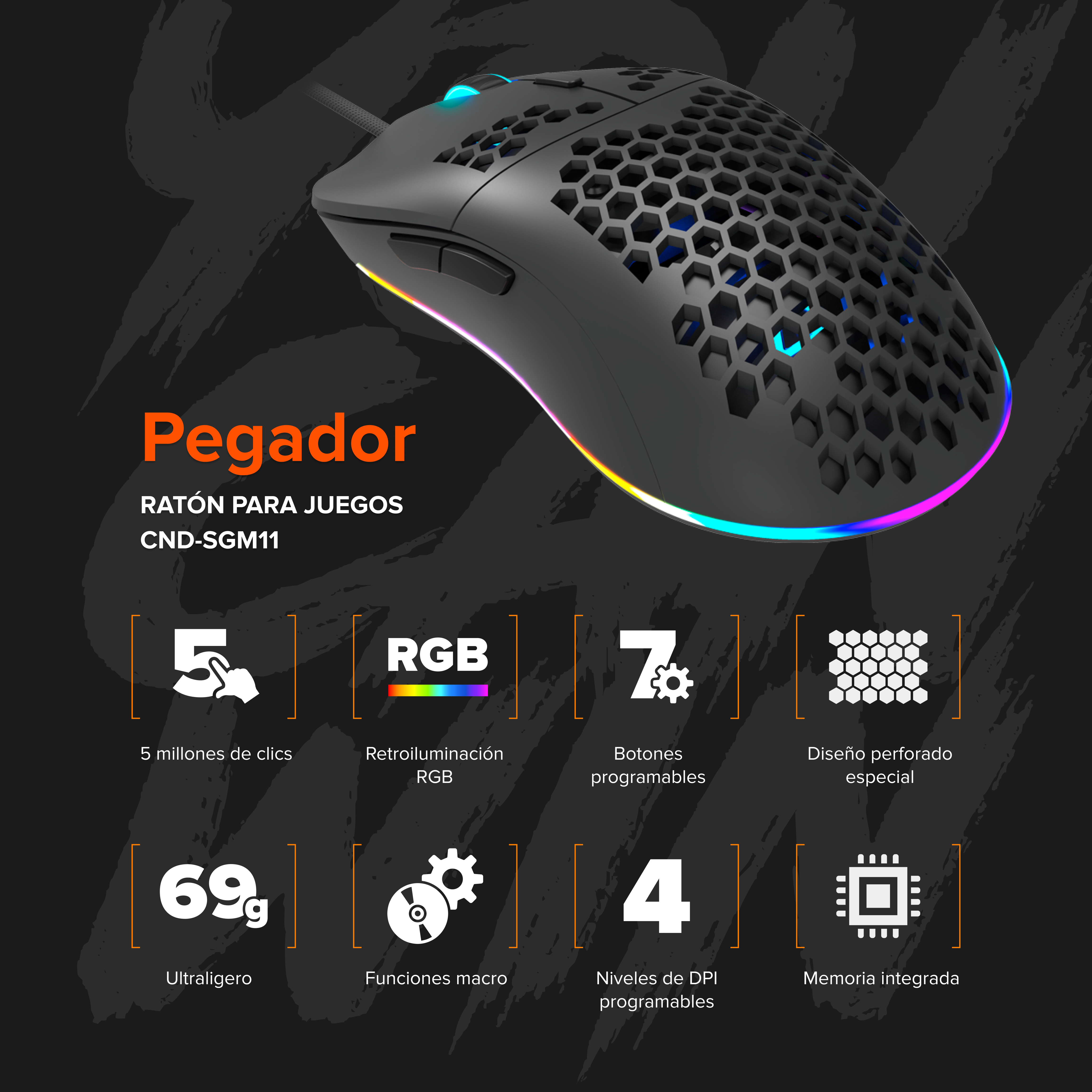 Ratón para juegos negro con diseño de panal. El texto en español describe características y especificaciones.