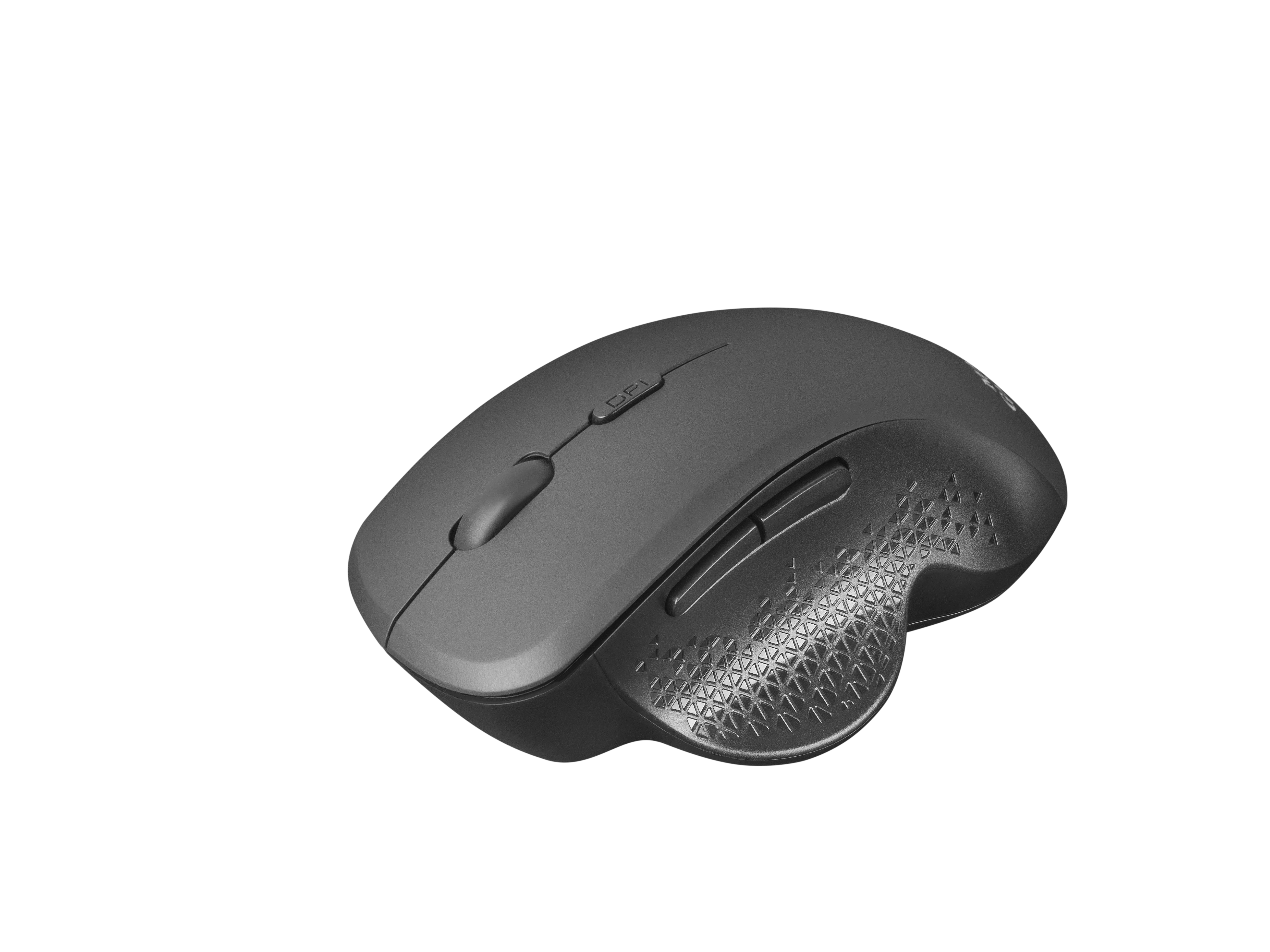 Zwarte ergonomische muis met twee zijknoppen en een getextureerd gripgebied op een witte achtergrond.