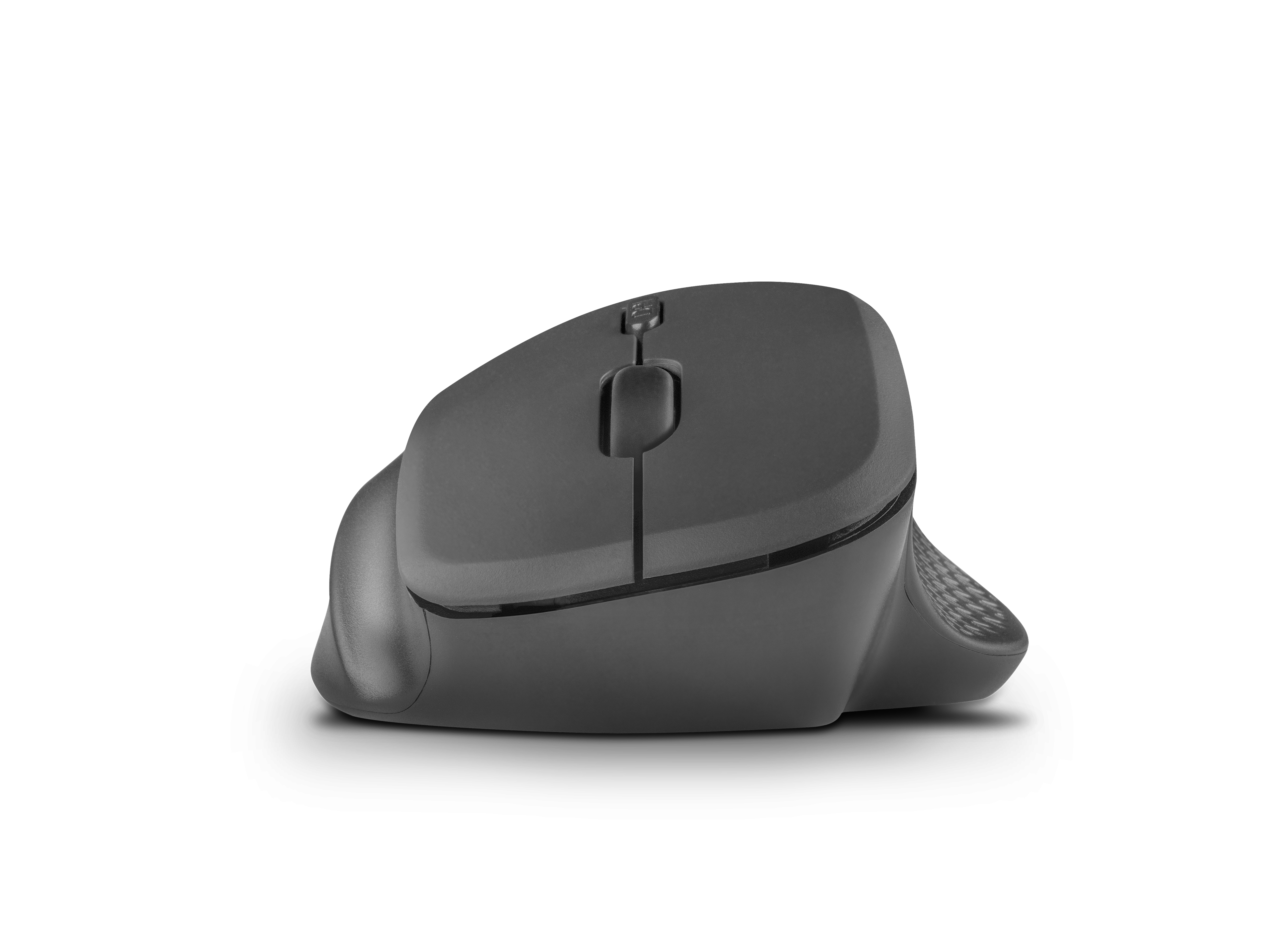 Een grijze ergonomische muis op een witte achtergrond. Het heeft een gebogen ontwerp voor comfort.