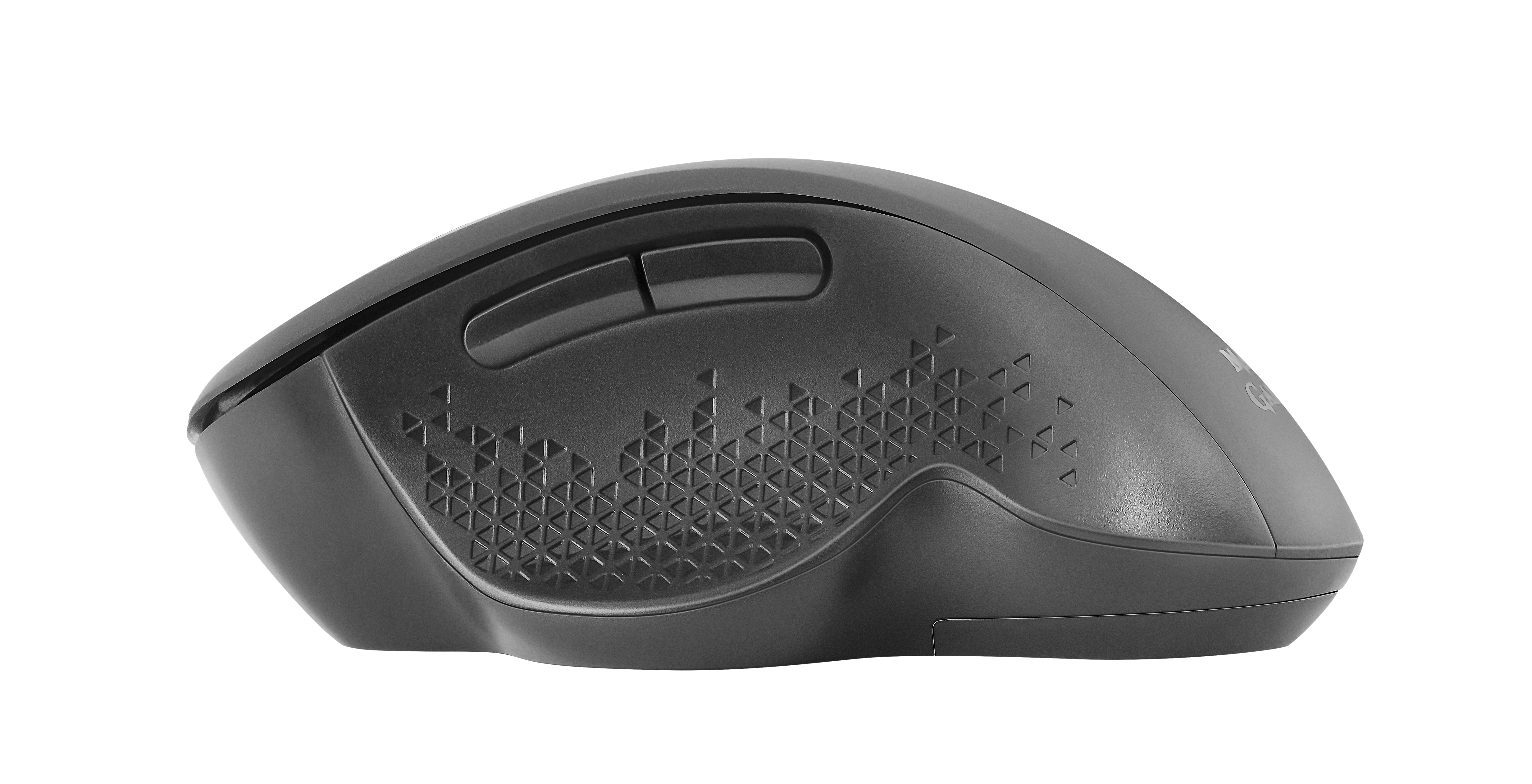 Donkergrijze muis met geometrisch patroon en twee knoppen. Geïsoleerd op wit.