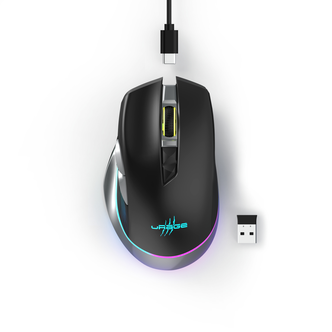 Schwarze Gaming-Maus mit USB-C-Kabel, USB-Empfänger und RGB-Beleuchtung.