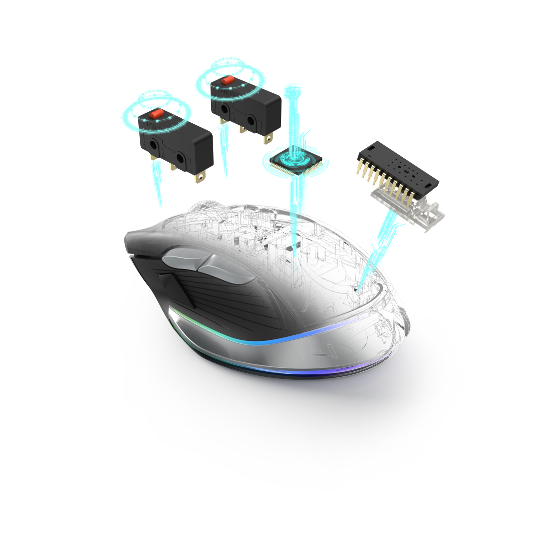 Gaming-Maus mit hervorgehobenen internen Komponenten. Blaue Linien zeigen Teile.