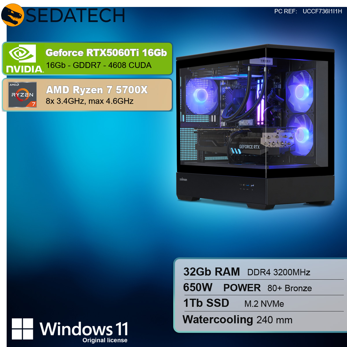 Schwarzes PC-Gaming-Gehäuse mit Innenkomponenten. Enthält Grafikkarte, CPU, Lüfter und LED-Beleuchtung.