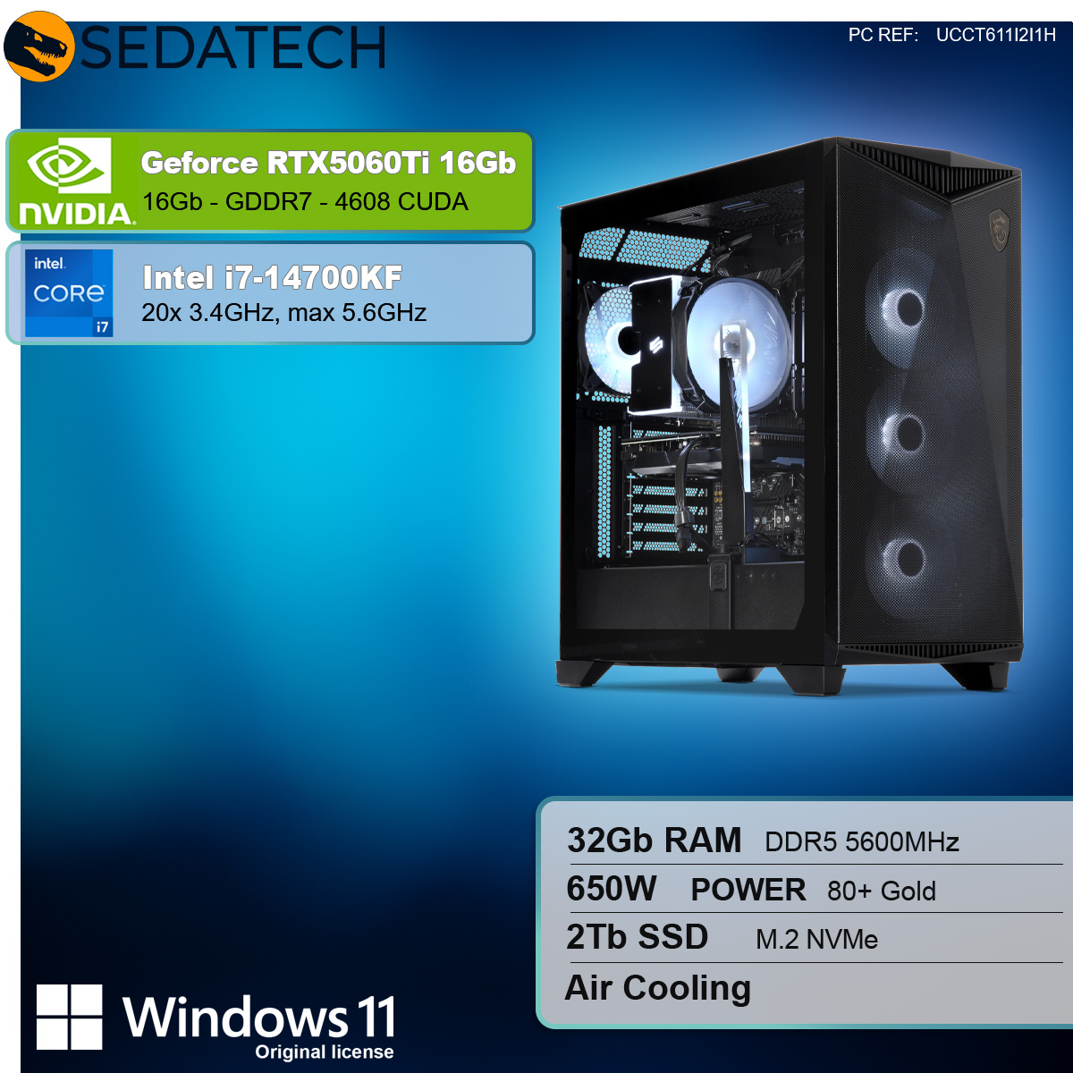 Una torre PC con componenti. All'interno c'è una scheda Nvidia Geforce RTX5060Ti. Le specifiche sono elencate sulle etichette.
