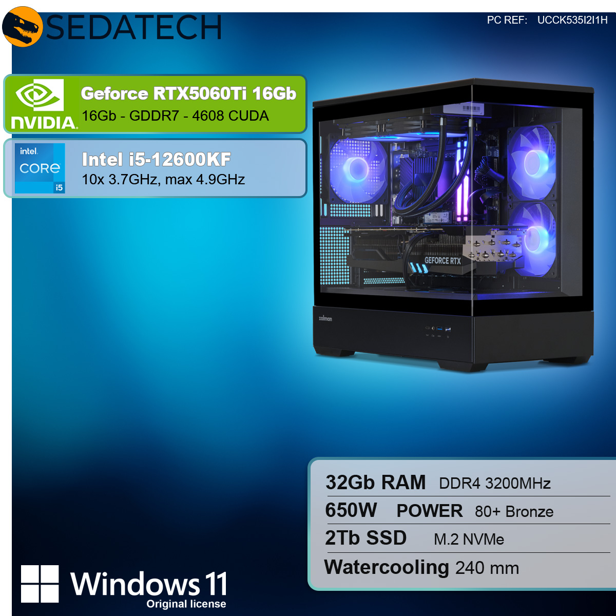 Case computer con componenti. Include Intel i5, GeForce RTX e varie specifiche.