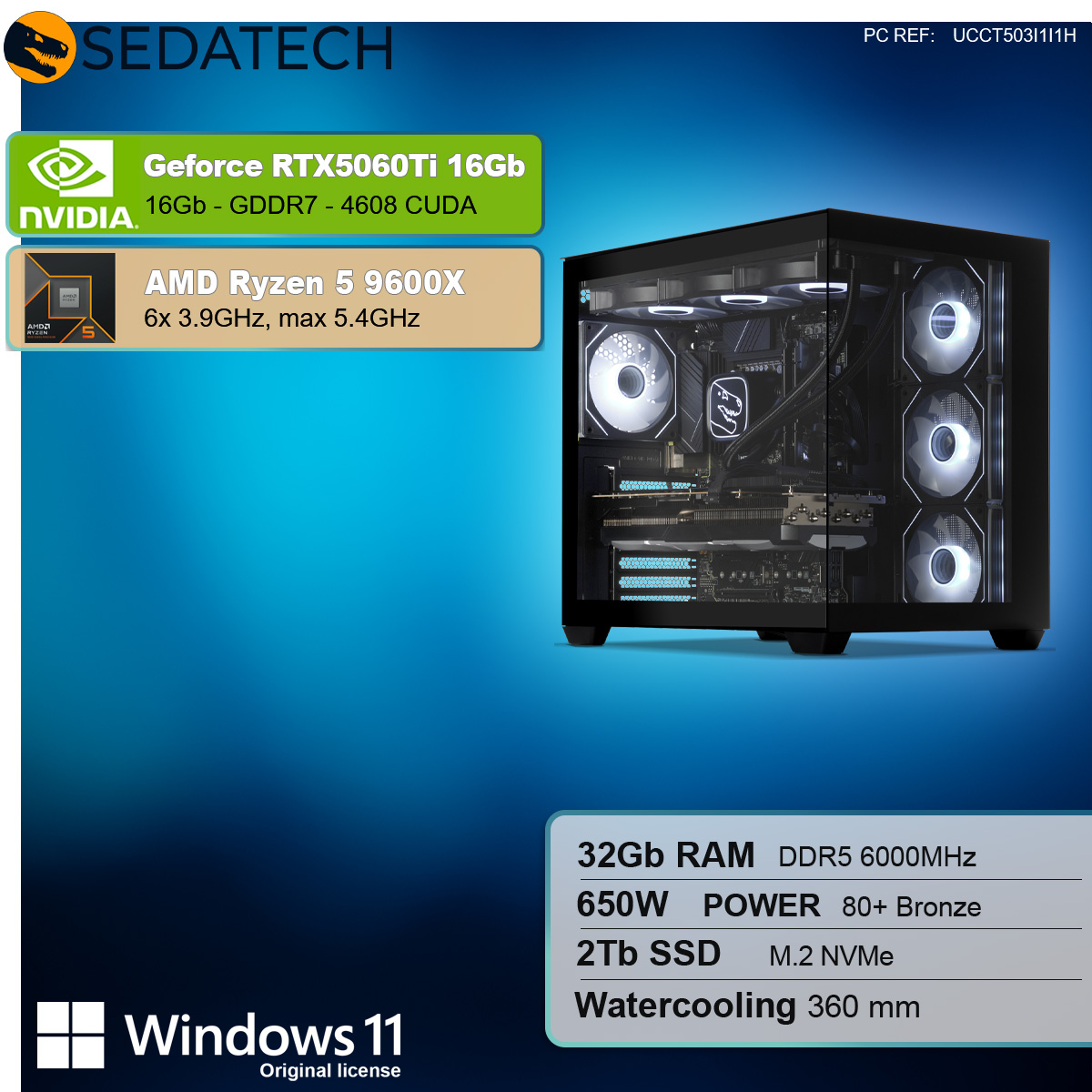 Case per computer nero con componenti all'interno, loghi NVIDIA e AMD e testo su sfondo blu.