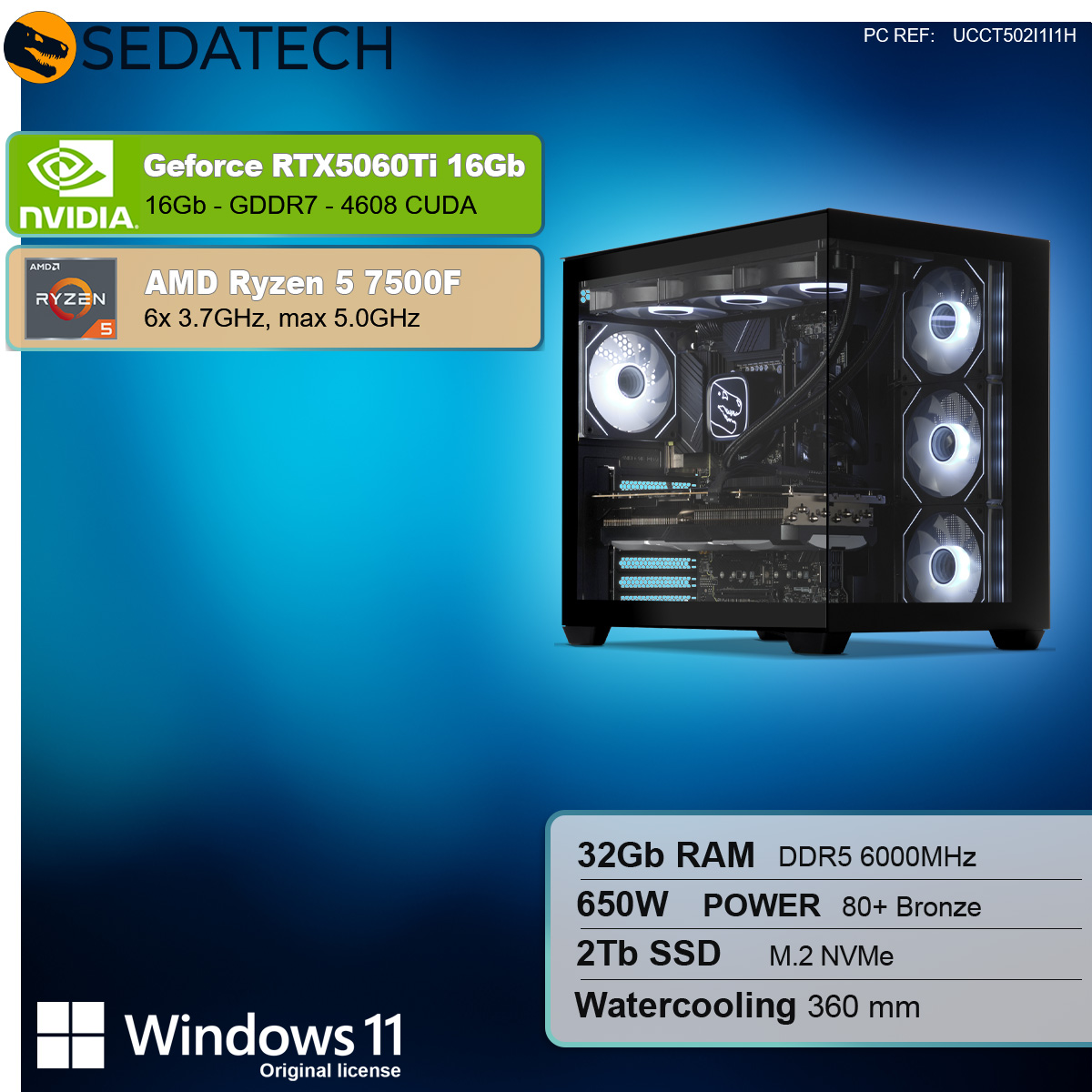 Un case per computer nero con un lato in vetro. Ha luci all'interno e testo con specifiche.