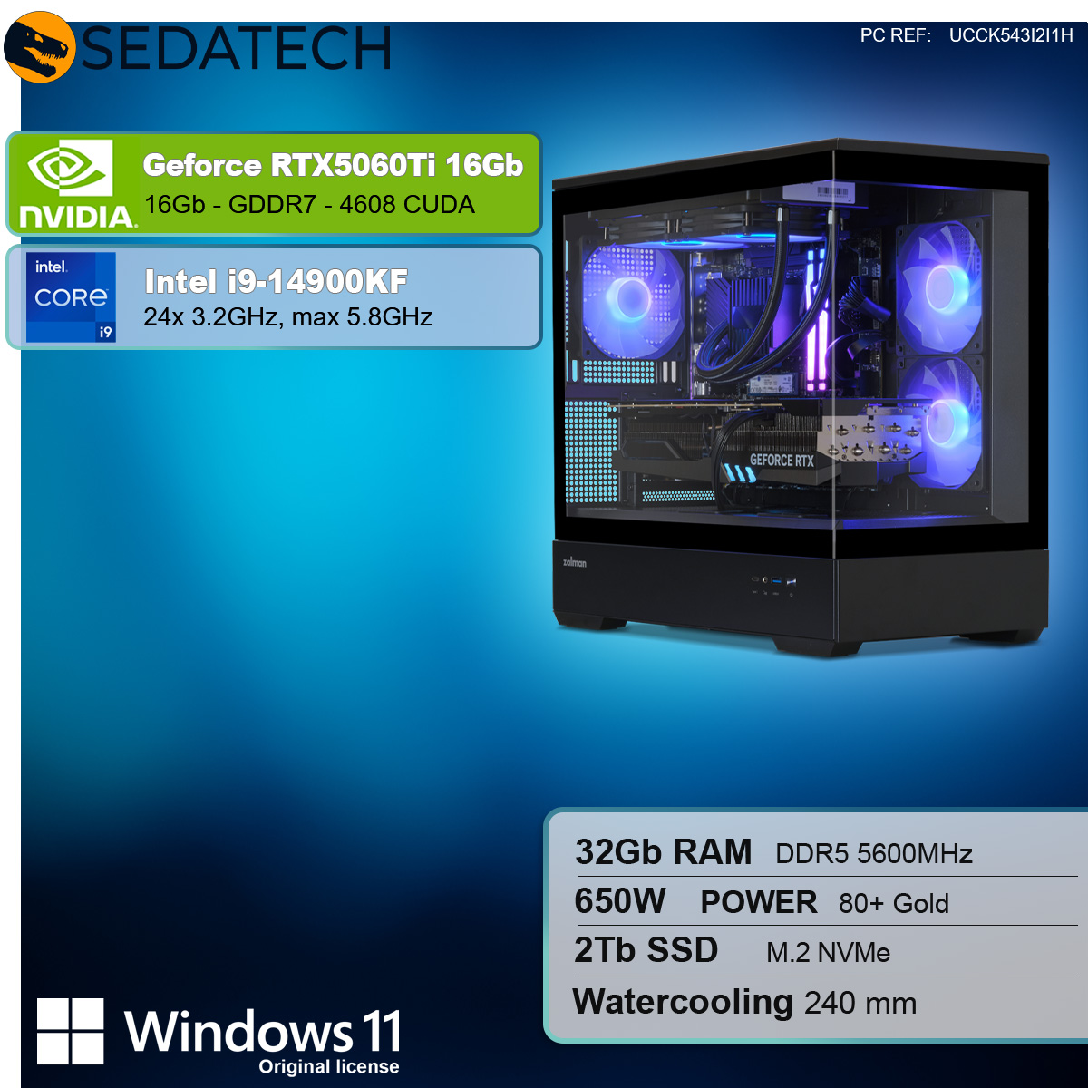 PC-Gehäuse mit Komponenten. Grafikkarte, CPU, RAM und Wasserkühlung sind sichtbar.
