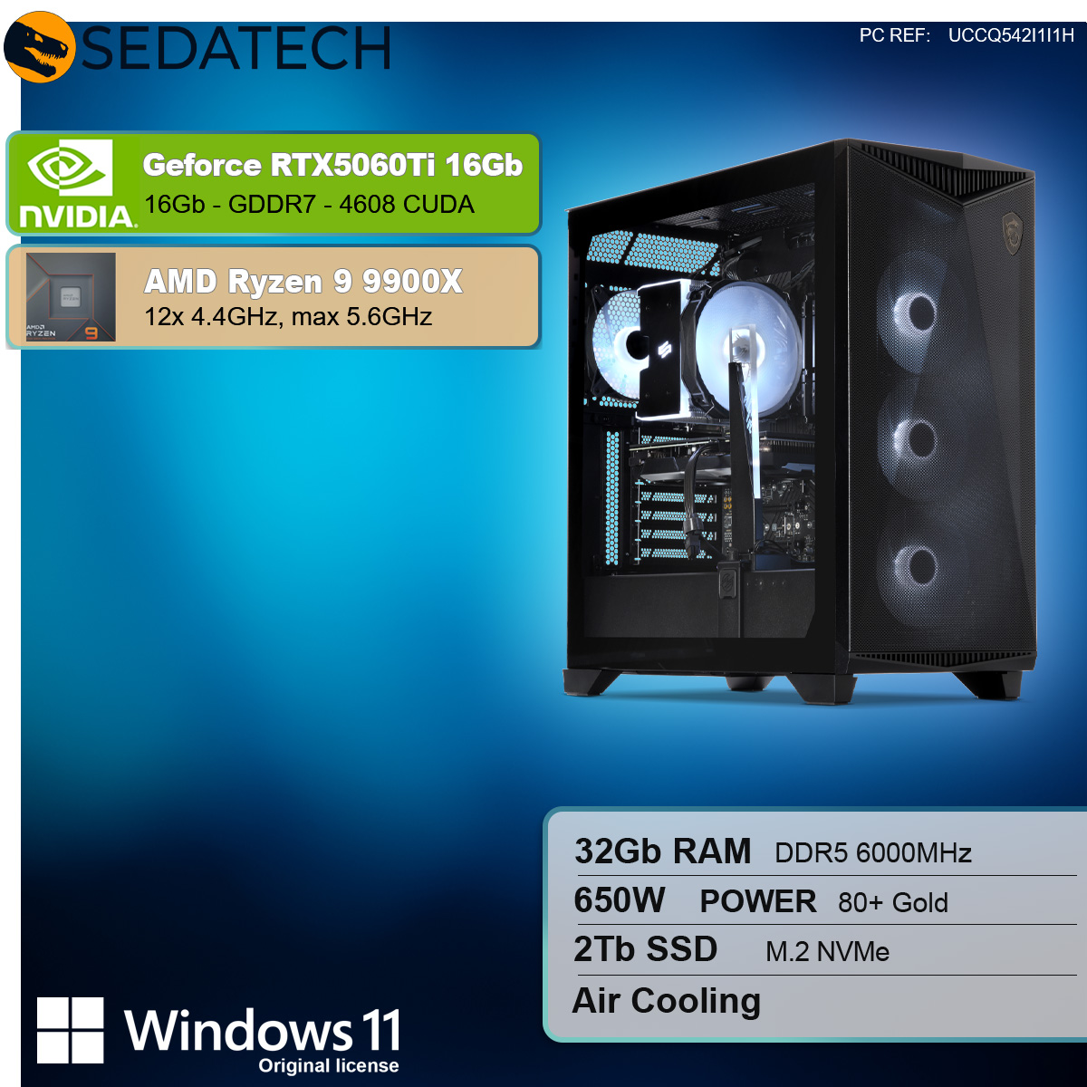 PC gaming Sedatech con Nvidia GeForce RTX 5060Ti 16GB, AMD Ryzen 9 9900X e Windows 11.