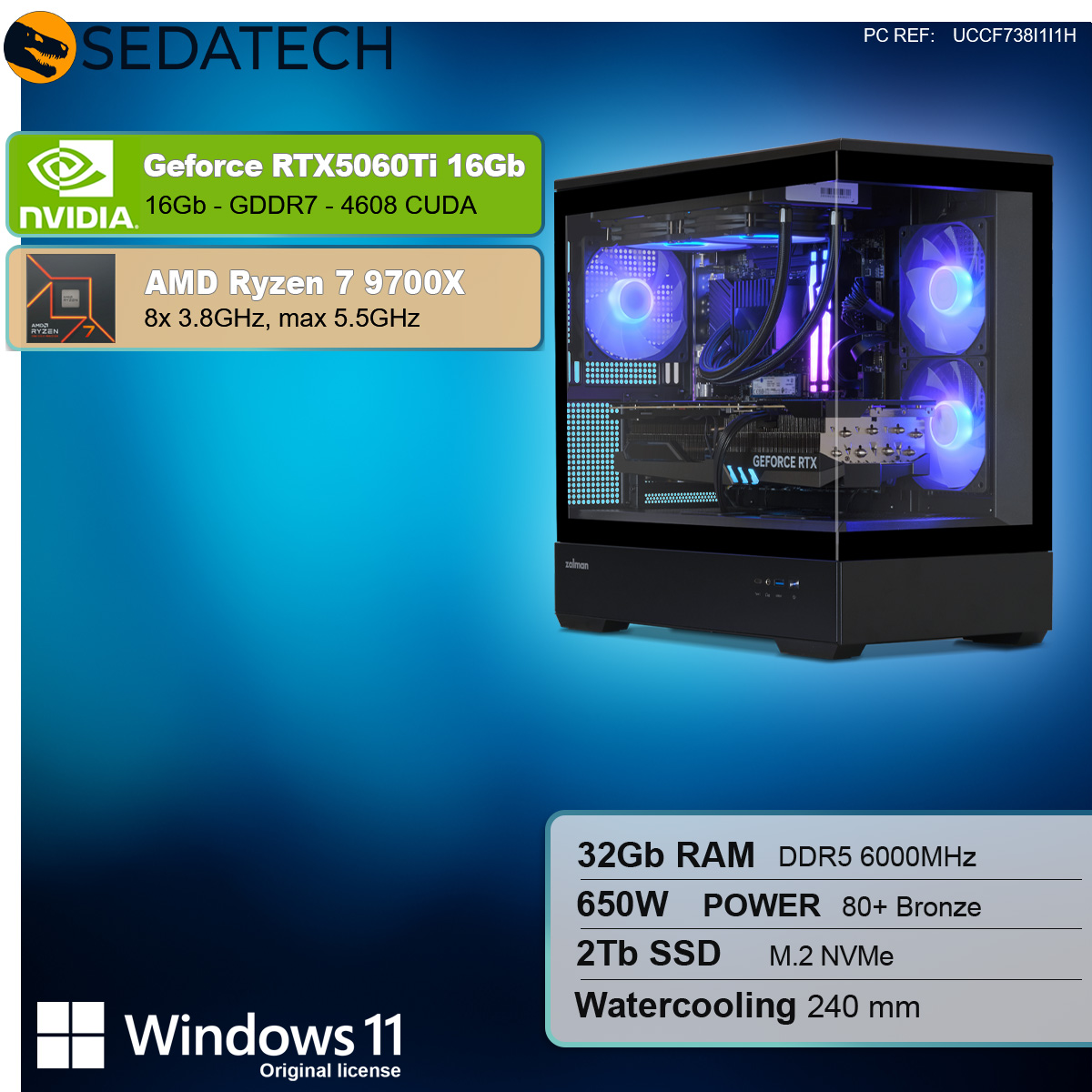 Ein Computergehäuse mit Komponenten im Inneren. Text-Overlay zeigt Spezifikationen, einschließlich GPU, CPU, RAM und Speicher.