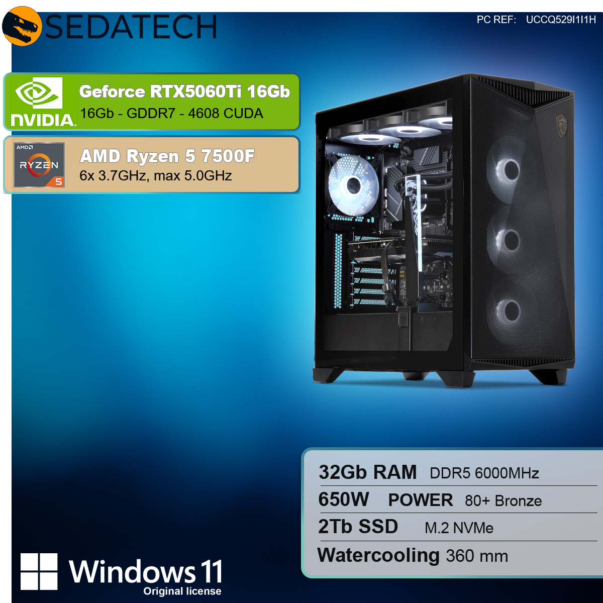 PC gaming con componenti, dettagli testuali e logo Windows 11, su sfondo scuro.
