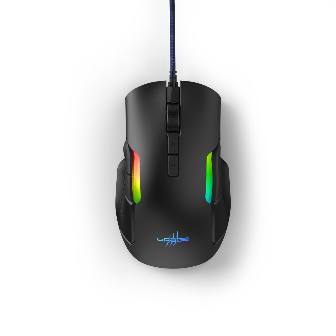 Mouse da gioco nero con illuminazione RGB, più pulsanti e un cavo.