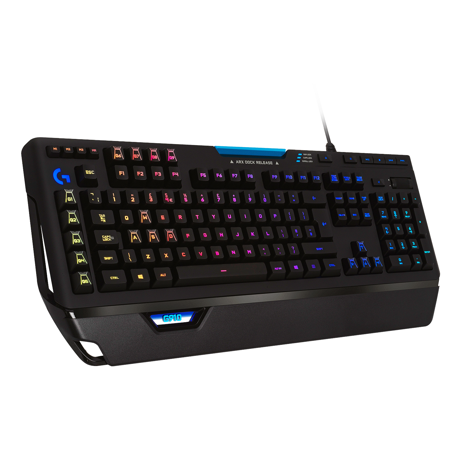 Schwarze Tastatur mit bunten Tasten, blauen Akzenten und einem G-Logo links.