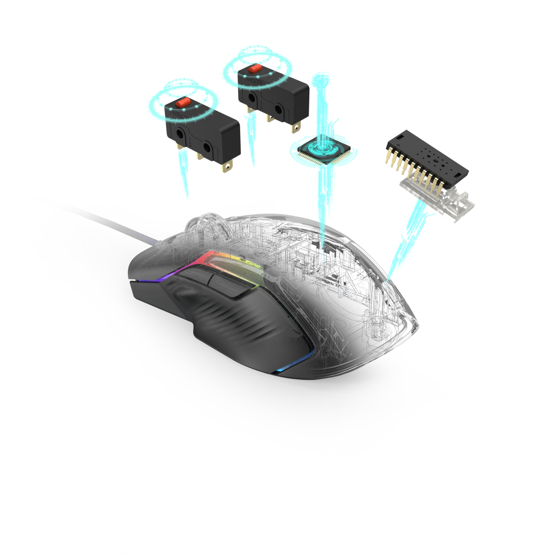 Mouse per computer trasparente che mostra i componenti interni con illuminazione rossa, blu e verde. Sfondo bianco.
