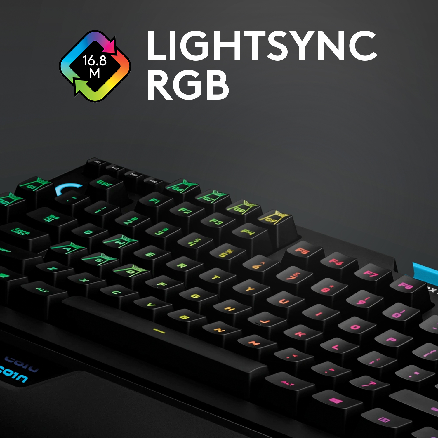 Tastatur mit RGB-Beleuchtung, Nahaufnahme der Tasten, schwarze Tasten mit bunten Lichtern.