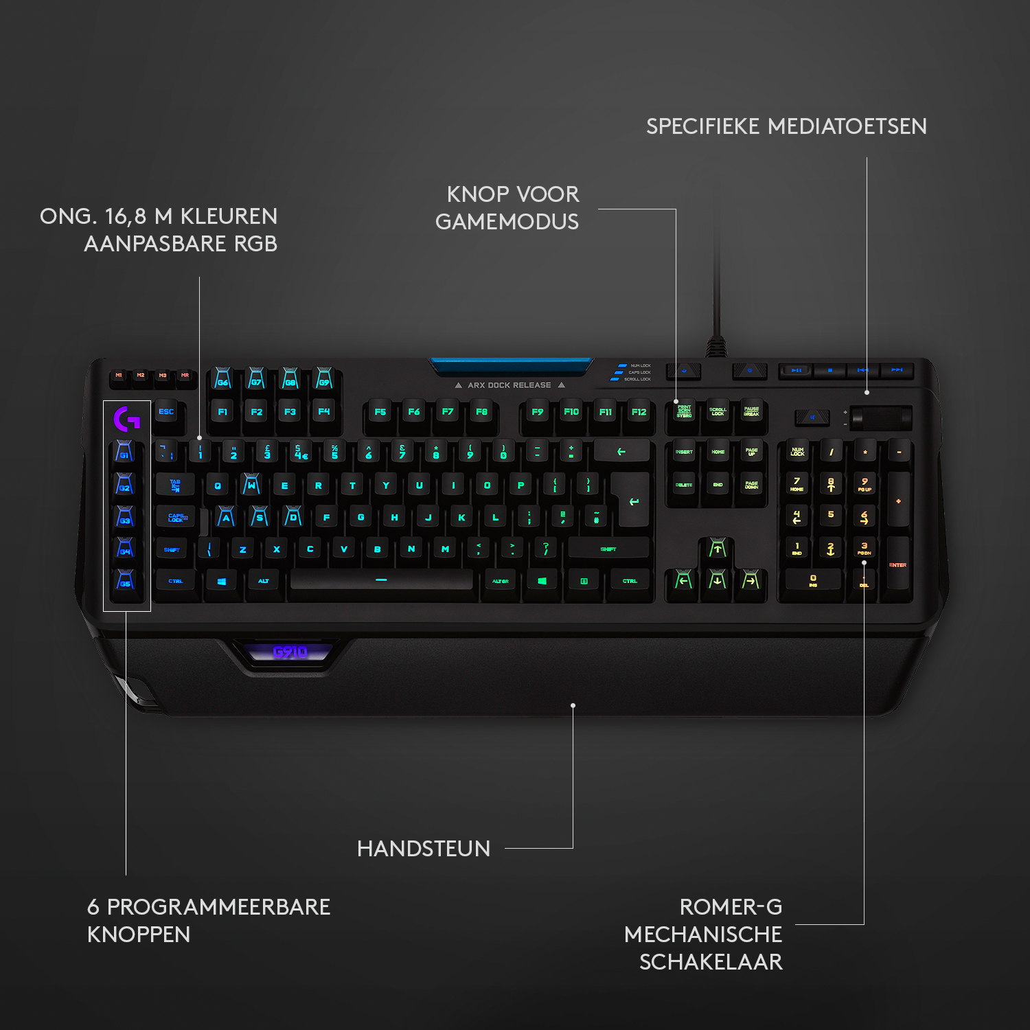 Schwarze Tastatur mit beschrifteten Tasten, RGB-Beleuchtung, Handauflage und Multimediatasten.