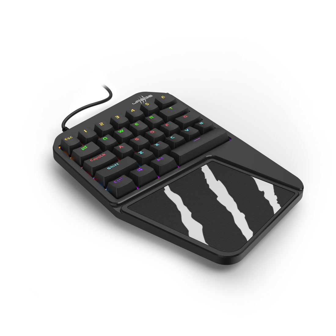 Schwarzes Gaming-Keypad mit Handauflage und mehrfarbigen Tasten auf weißem Hintergrund.