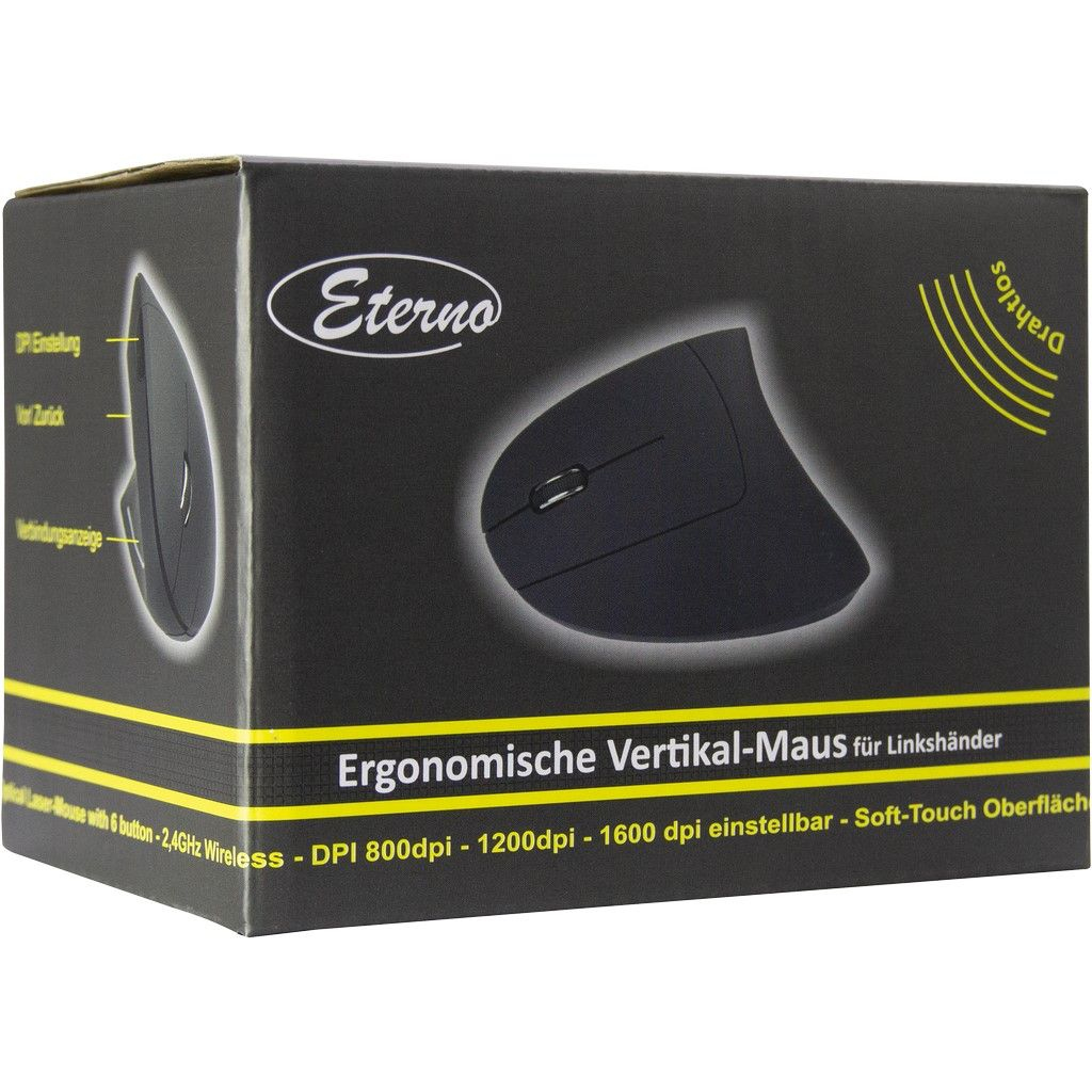 Een zwarte ergonomische verticale muis in een doos. De doos heeft tekst en een gele streep. De muis is voor linkshandigen.