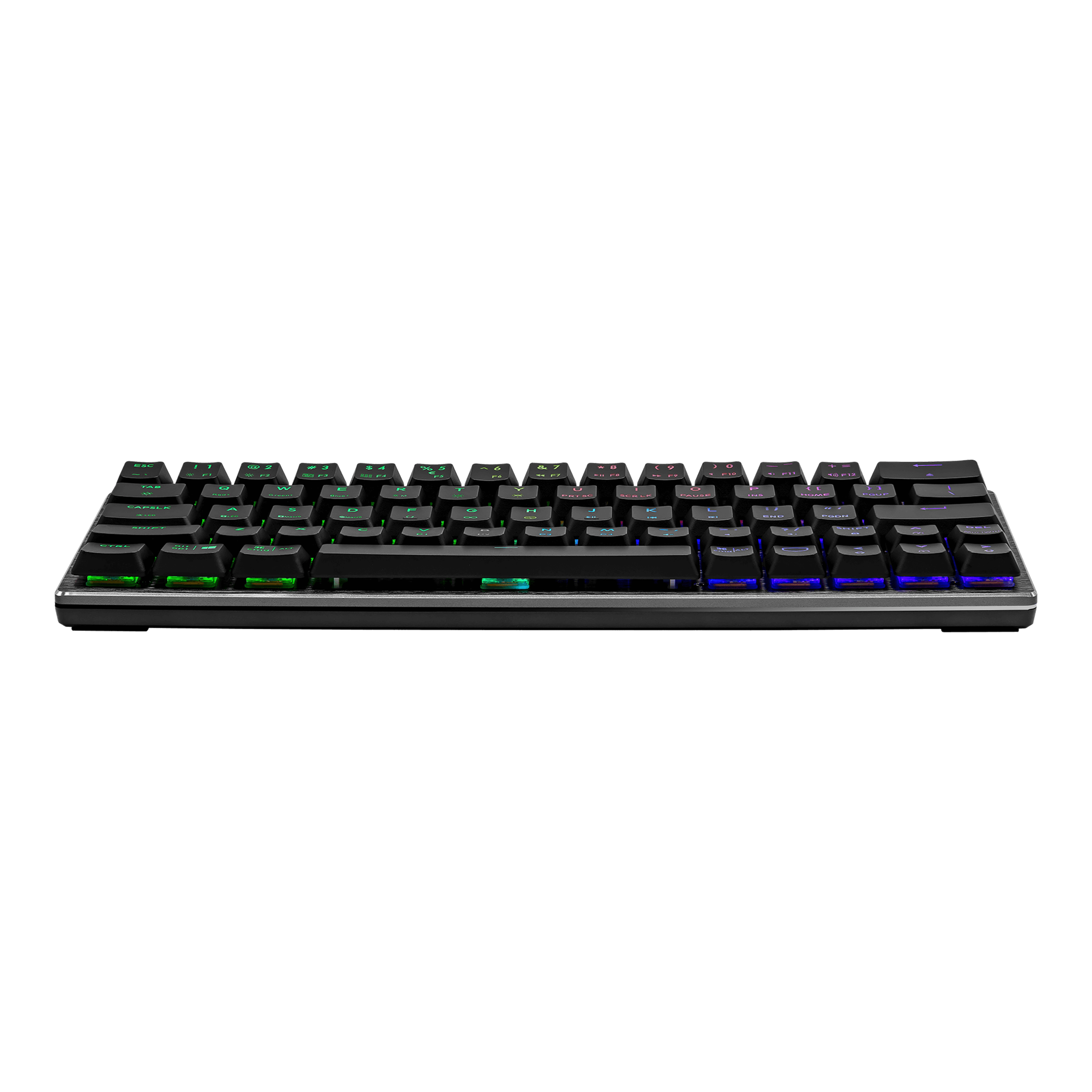 RGB aydınlatmalı siyah oyun klavyesi, çeşitli renklerde aydınlatılmış tuşlar.