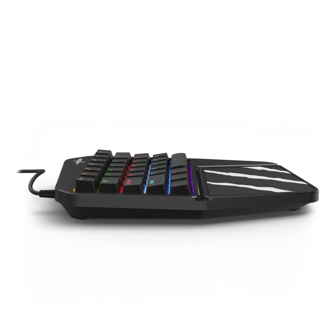 Schwarzes Gaming-Keypad. Hat Tasten und Design rechts. Weißer Hintergrund.
