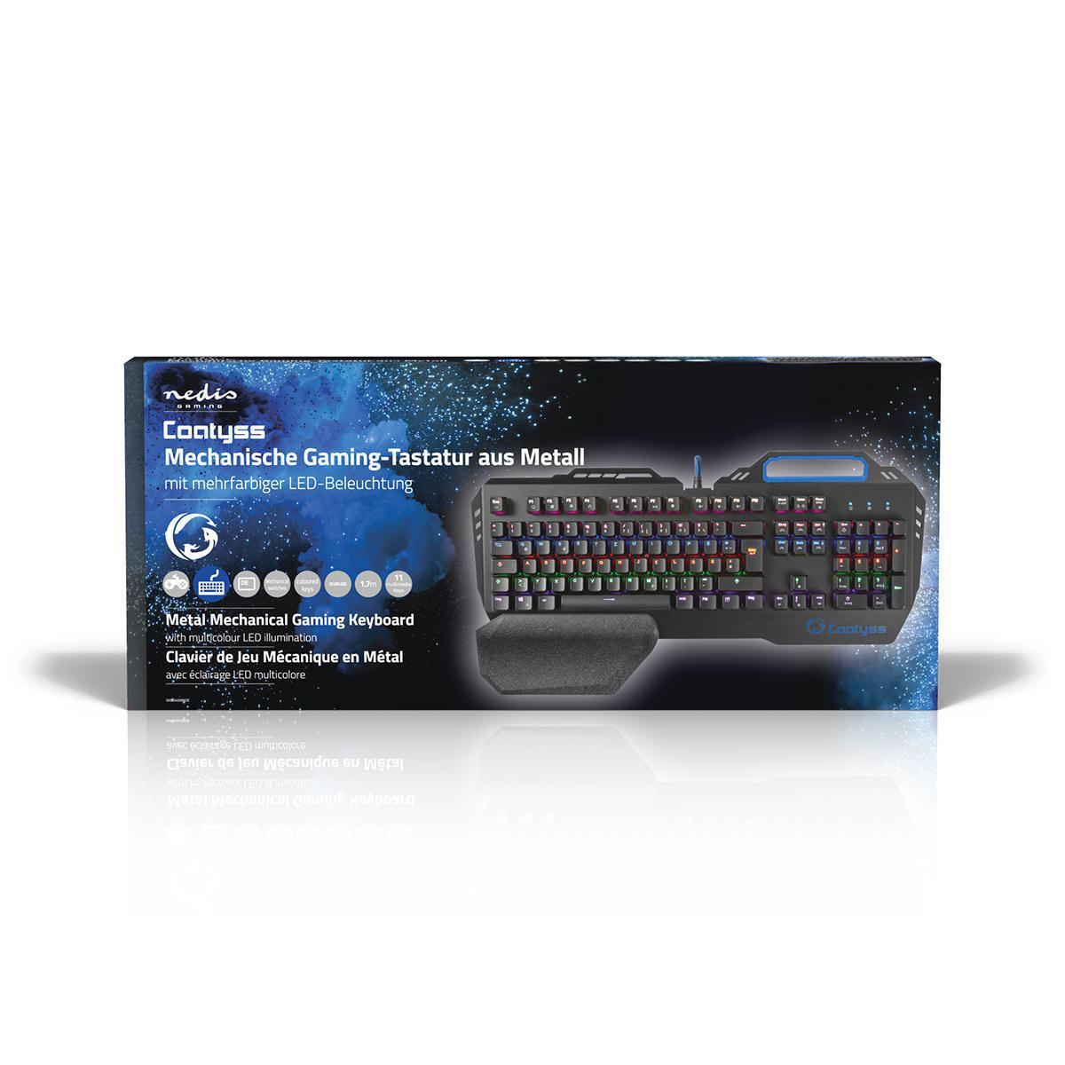 Eine Box mit einer Gaming-Tastatur. Die Tastatur hat mehrfarbige LED-Lichter und ist aus Metall.