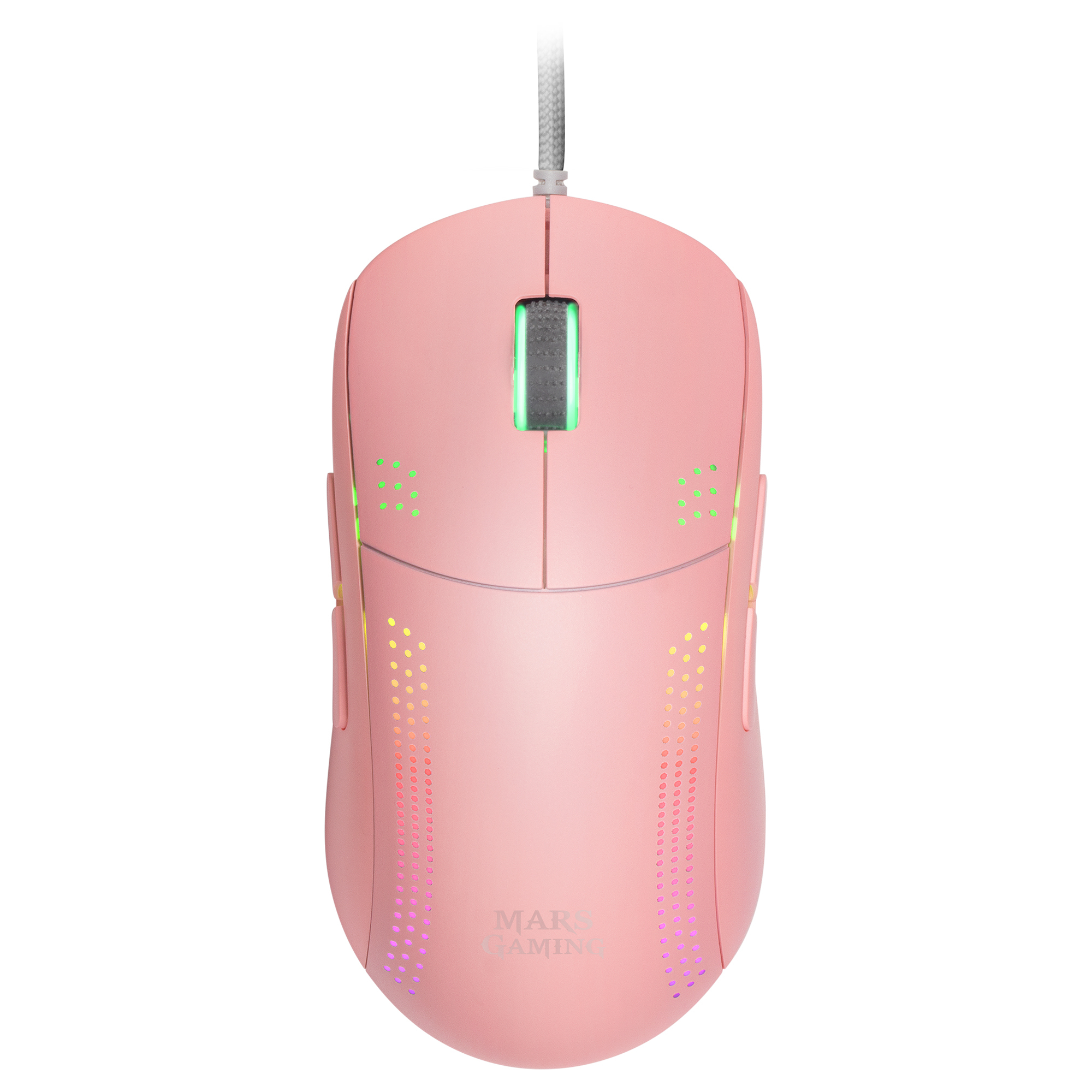 Roze gamingmuis met kleurrijke LED-verlichting, knoppen en scrollwiel.