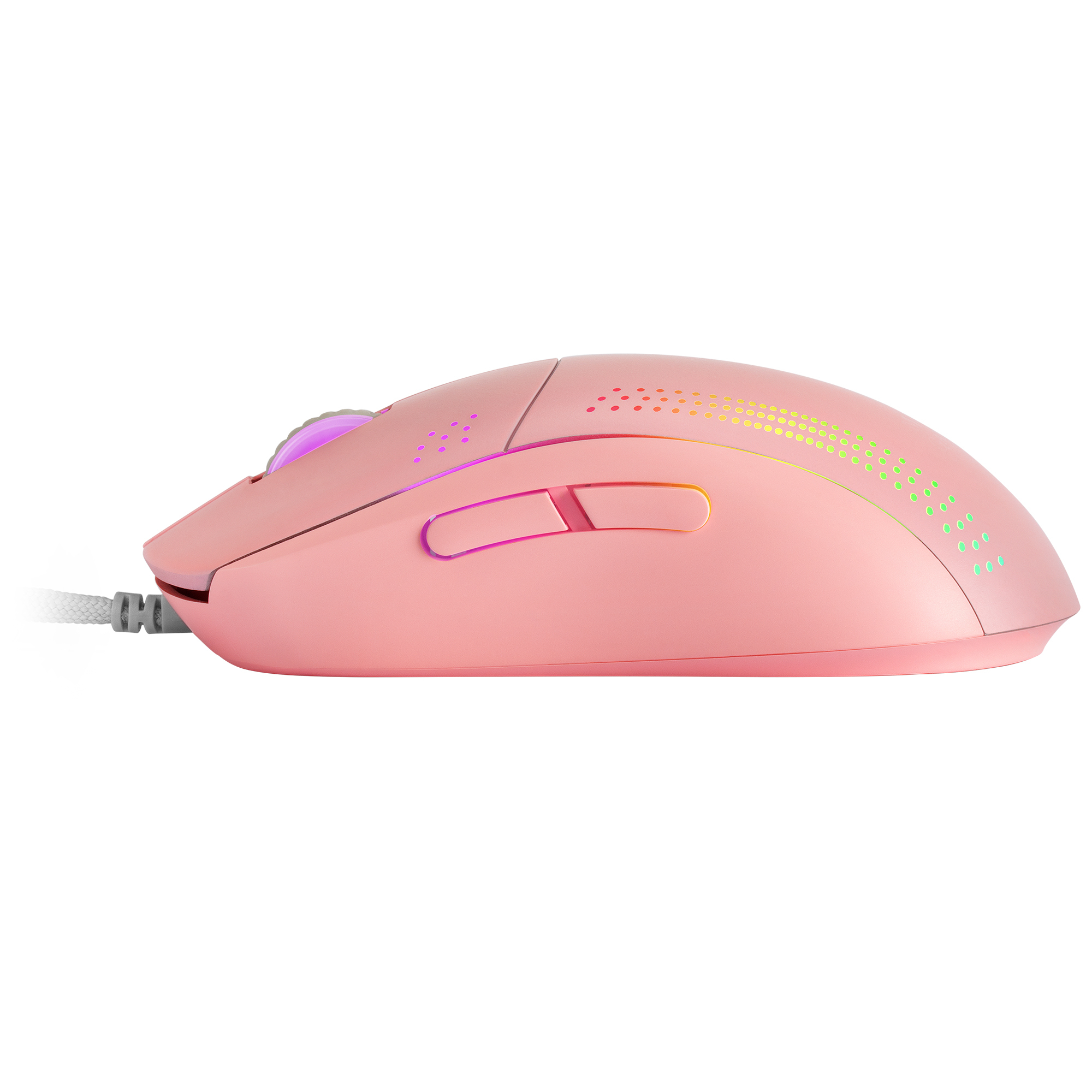 Roze gamingmuis. Heeft knoppen aan de zijkant en een wiel. De zijkant heeft een honingraatpatroon.