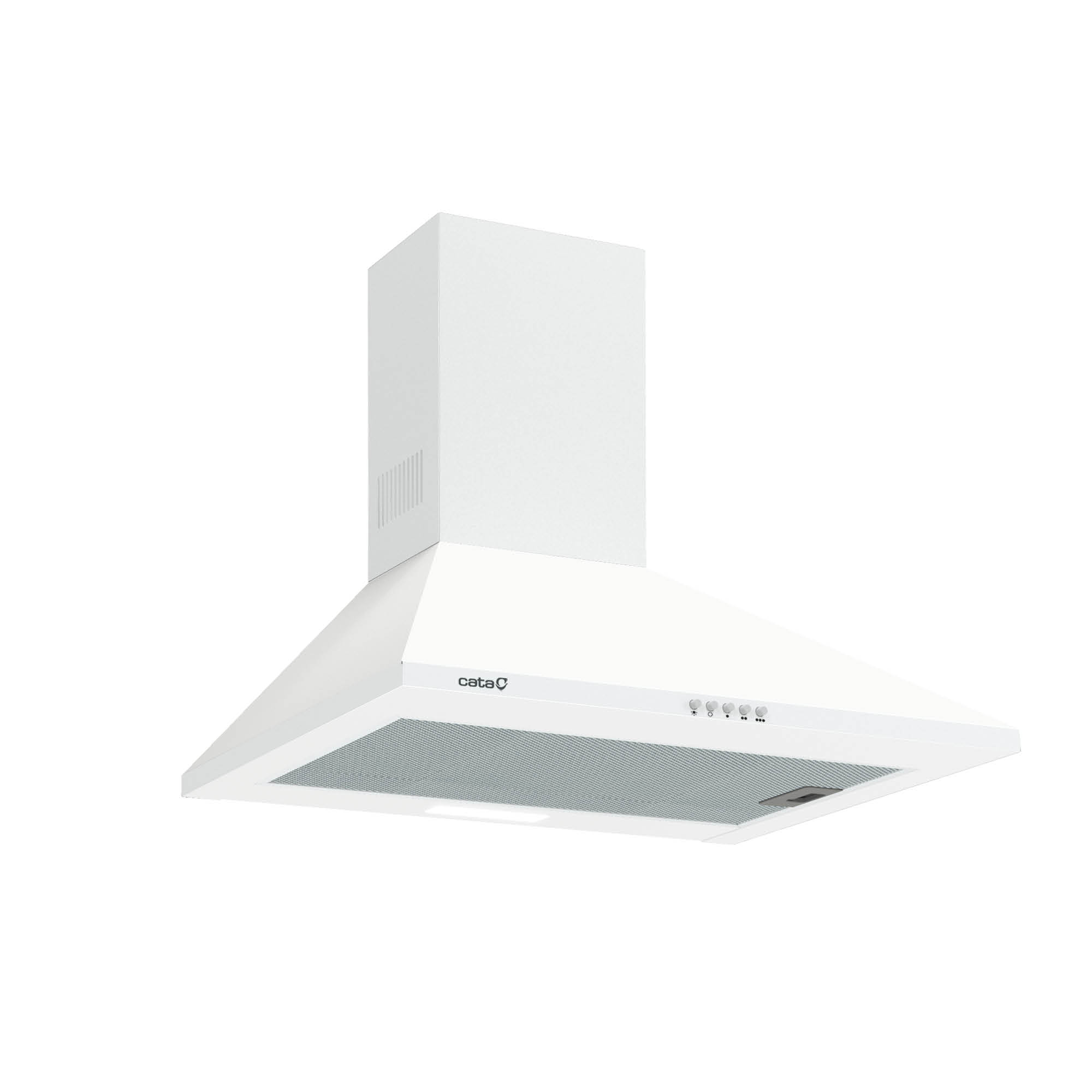 Campana extractora blanca con diseño rectangular. Tiene una ventilación y botones de control. La marca es 'cata'.