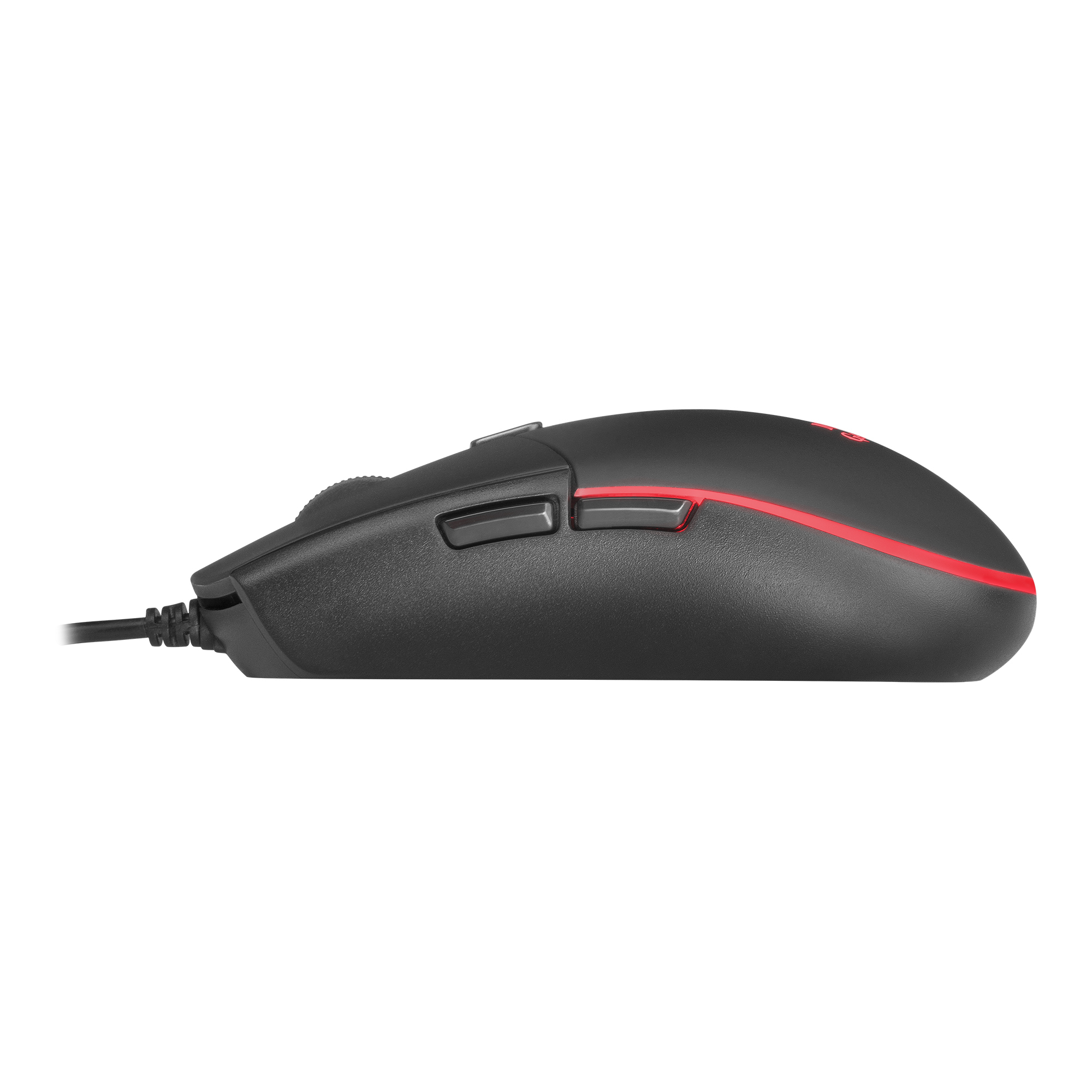 Ratón de ordenador negro con una raya roja y un cable negro sobre fondo blanco.