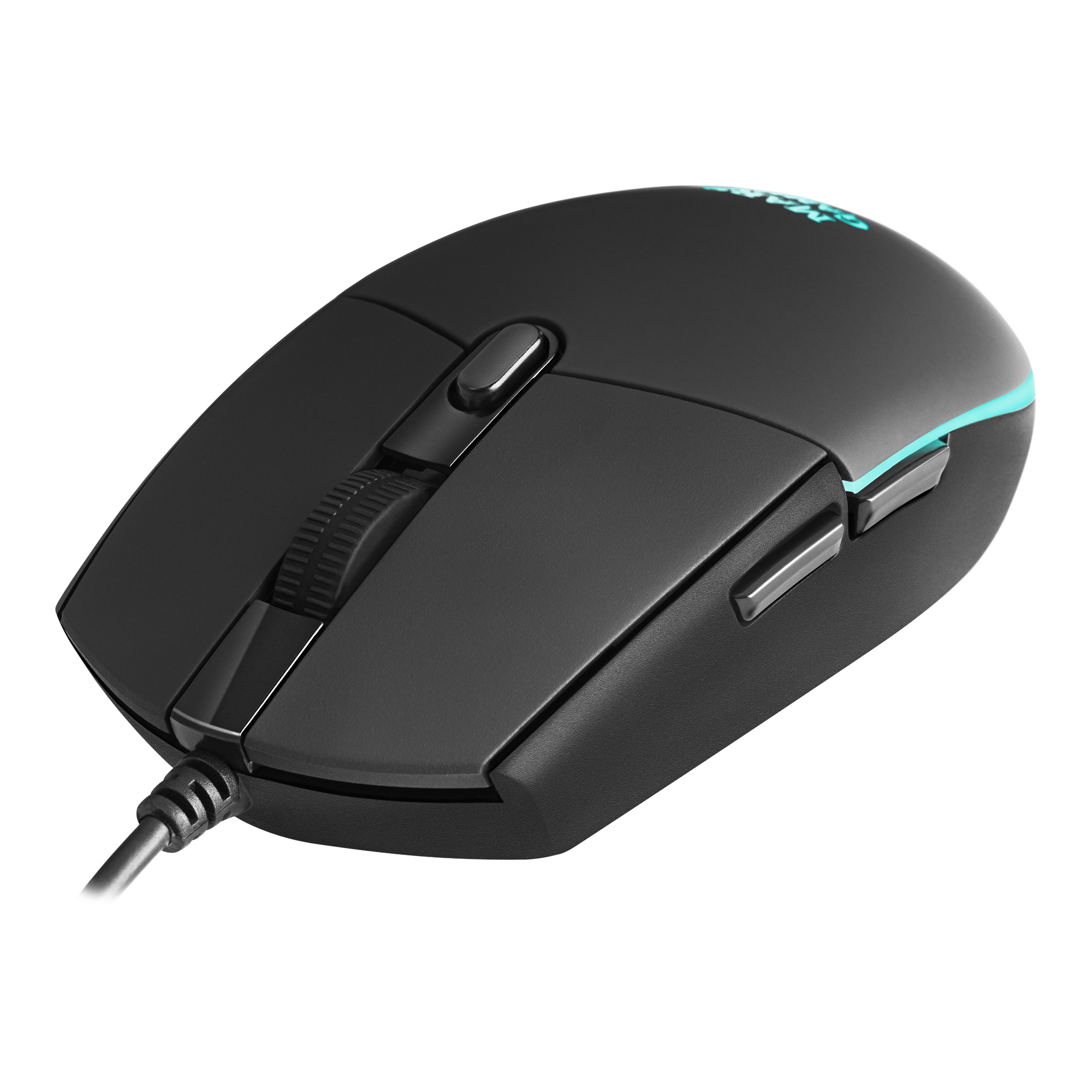 Ratón gaming negro con rueda de desplazamiento, botones laterales y conexión por cable.