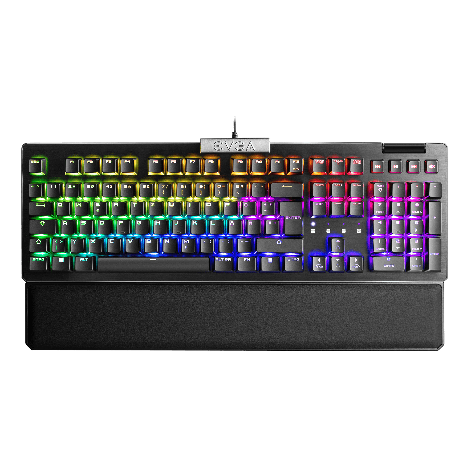 Eine schwarze EVGA-Tastatur mit RGB-Beleuchtung auf den Tasten und einer Handgelenkauflage.
