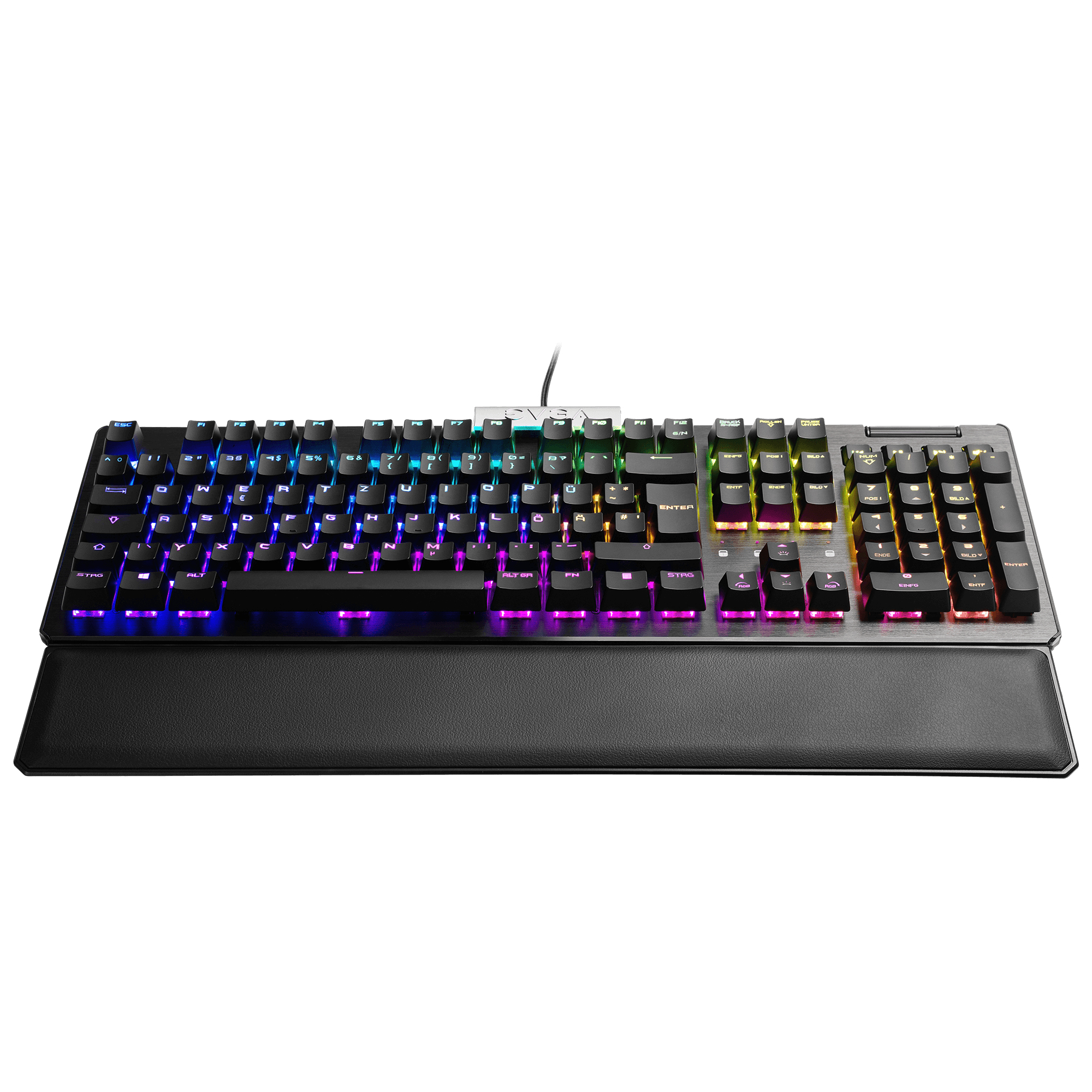 Eine schwarze Tastatur mit bunten Lichtern und einer Handgelenkauflage.