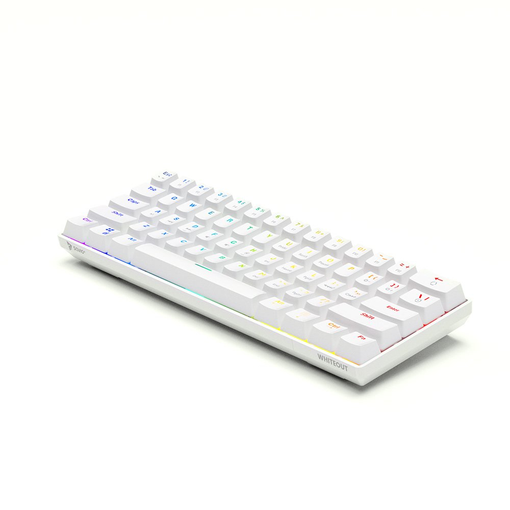 Weiße mechanische Tastatur mit farbig beleuchteten Tasten auf weißem Hintergrund.