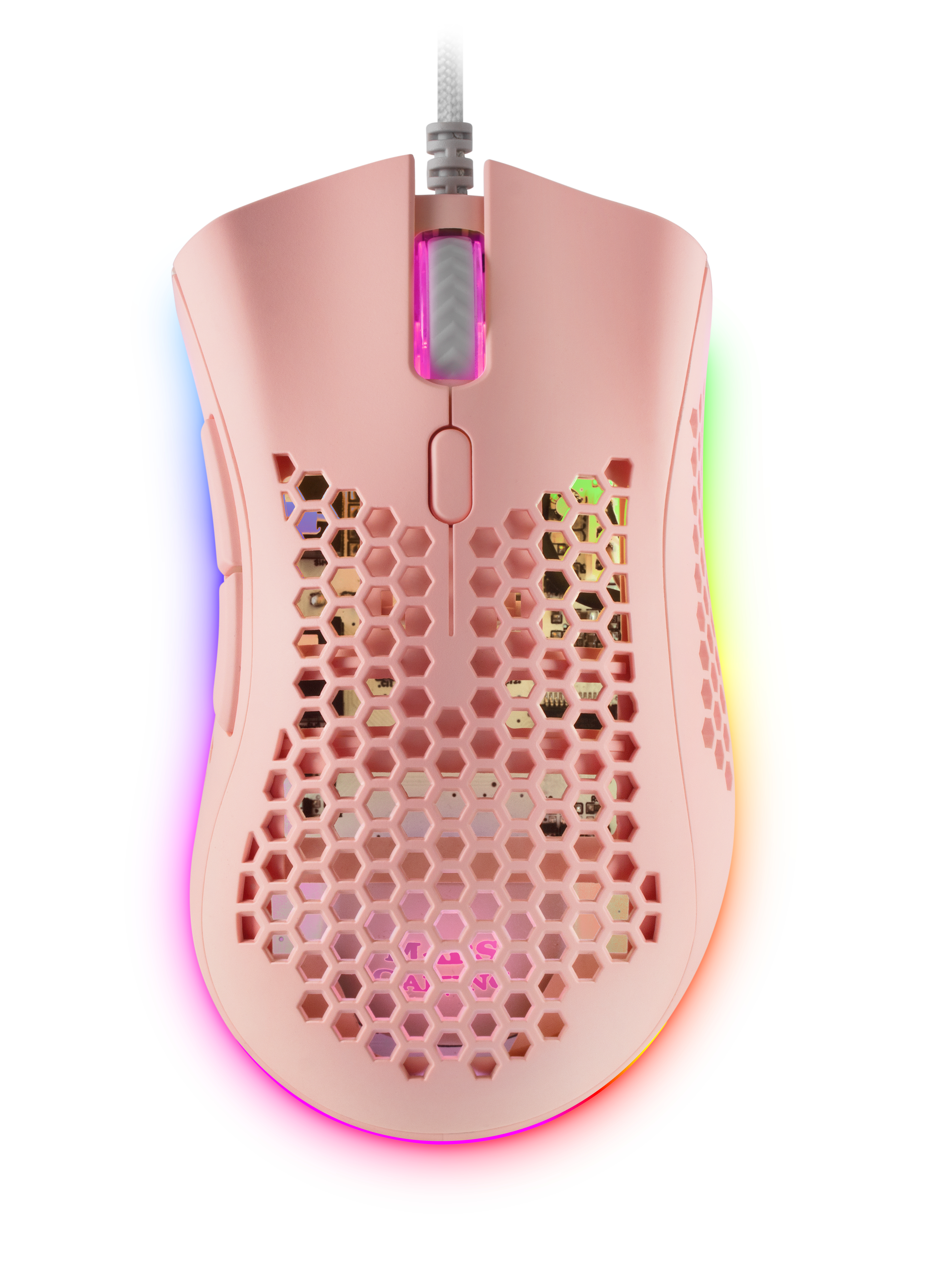 Pinke Gaming-Maus mit Wabenmuster und RGB-Beleuchtung. Die Maus liegt auf weißem Untergrund.